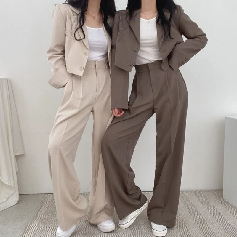 Flytonn-Fall Outfits Women Outwear Streetwear  business casual outfits for women Chic Elegant Lapel Two-Button Long Sleeve Short Coat   High Waist Wide Leg Mopping Suit Trousers Suit