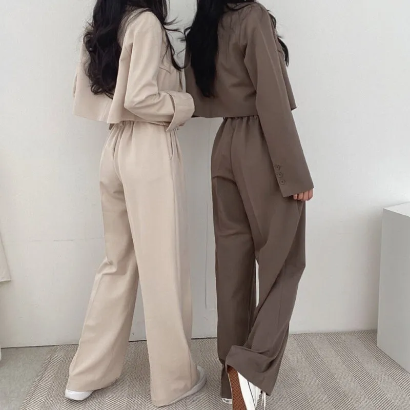 Flytonn-Fall Outfits Women Outwear Streetwear  business casual outfits for women Chic Elegant Lapel Two-Button Long Sleeve Short Coat   High Waist Wide Leg Mopping Suit Trousers Suit