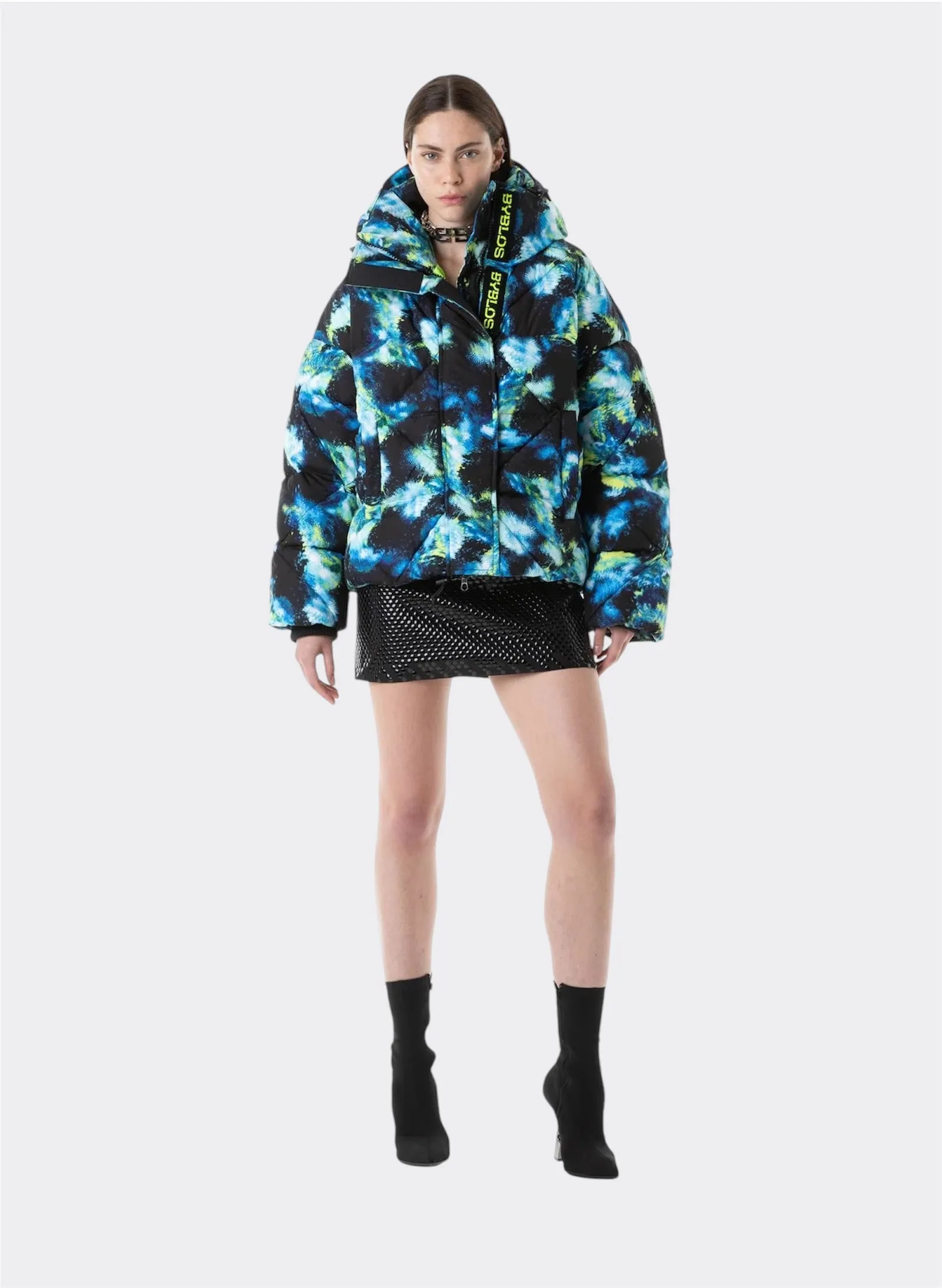 Galaxy Printed Short Blu/Lime Puffer Jacket