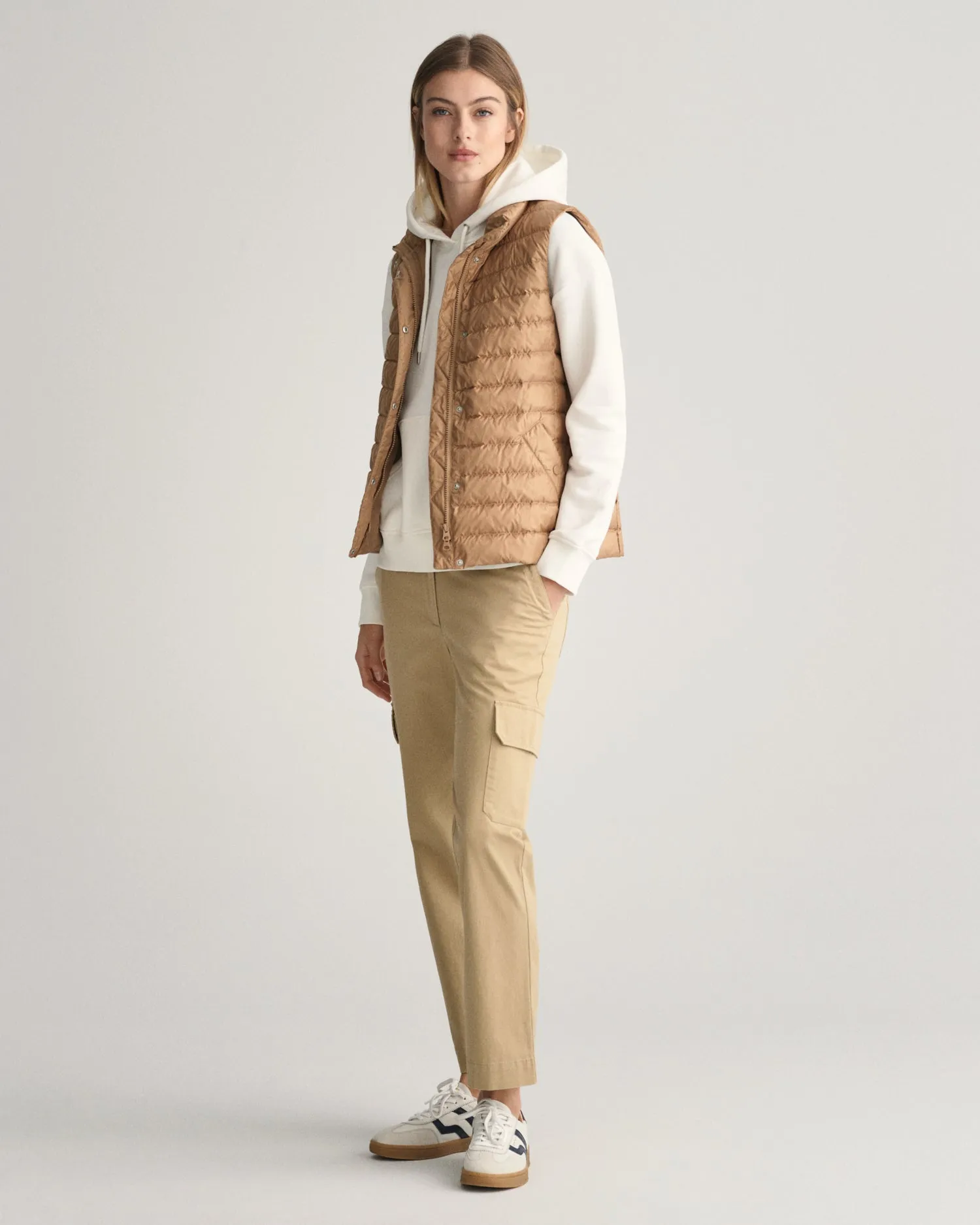 Gant Women Beige Solid Stand Collar Sleeveless Puffer Jacket