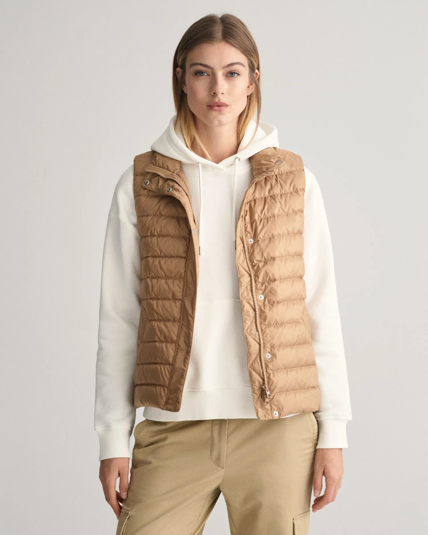 Gant Women Beige Solid Stand Collar Sleeveless Puffer Jacket