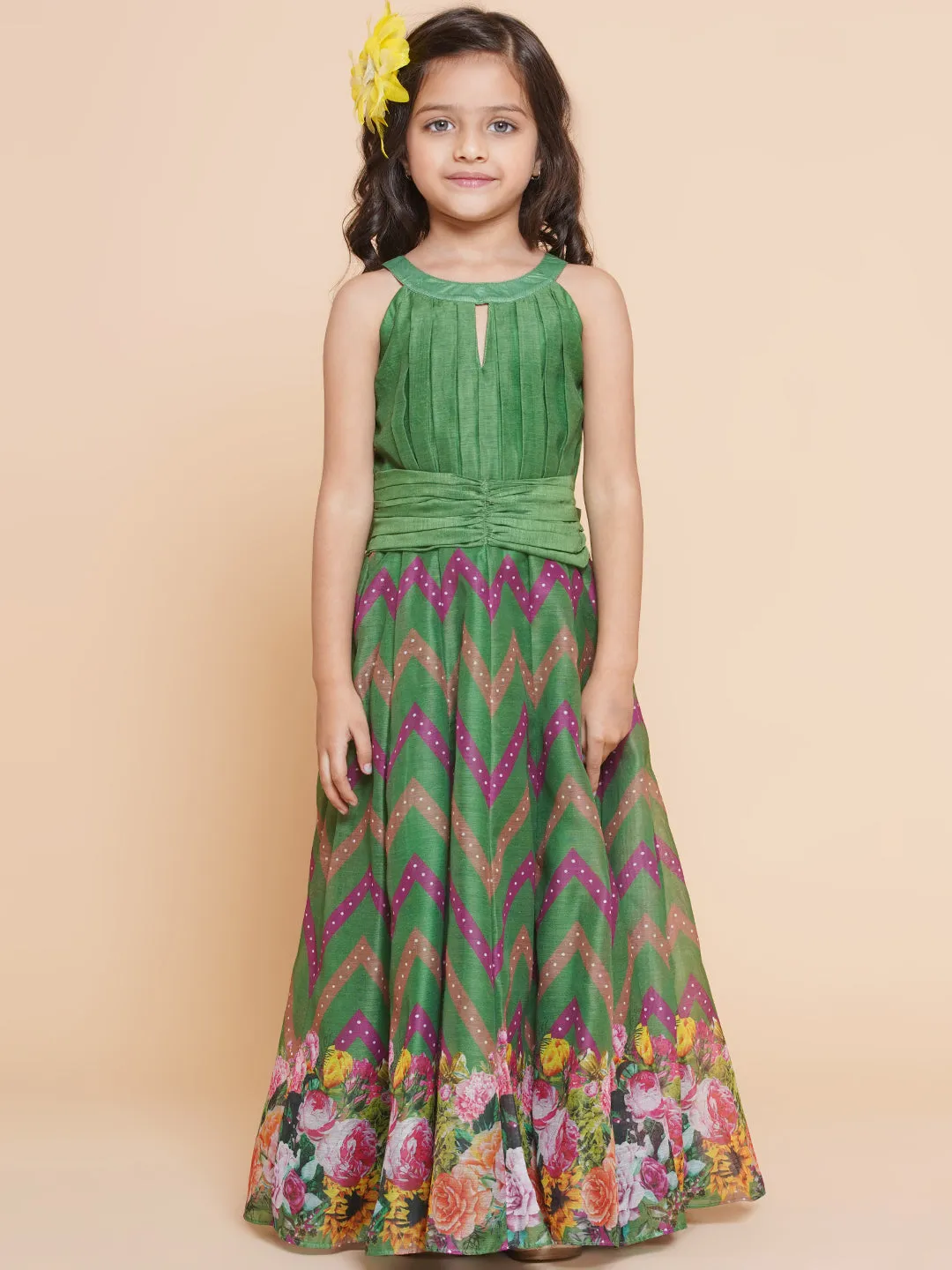 Girl's Green Zig Zag Flower Digital Printed Fit & Flared Maxi Dress. - Bitiya By Bhama