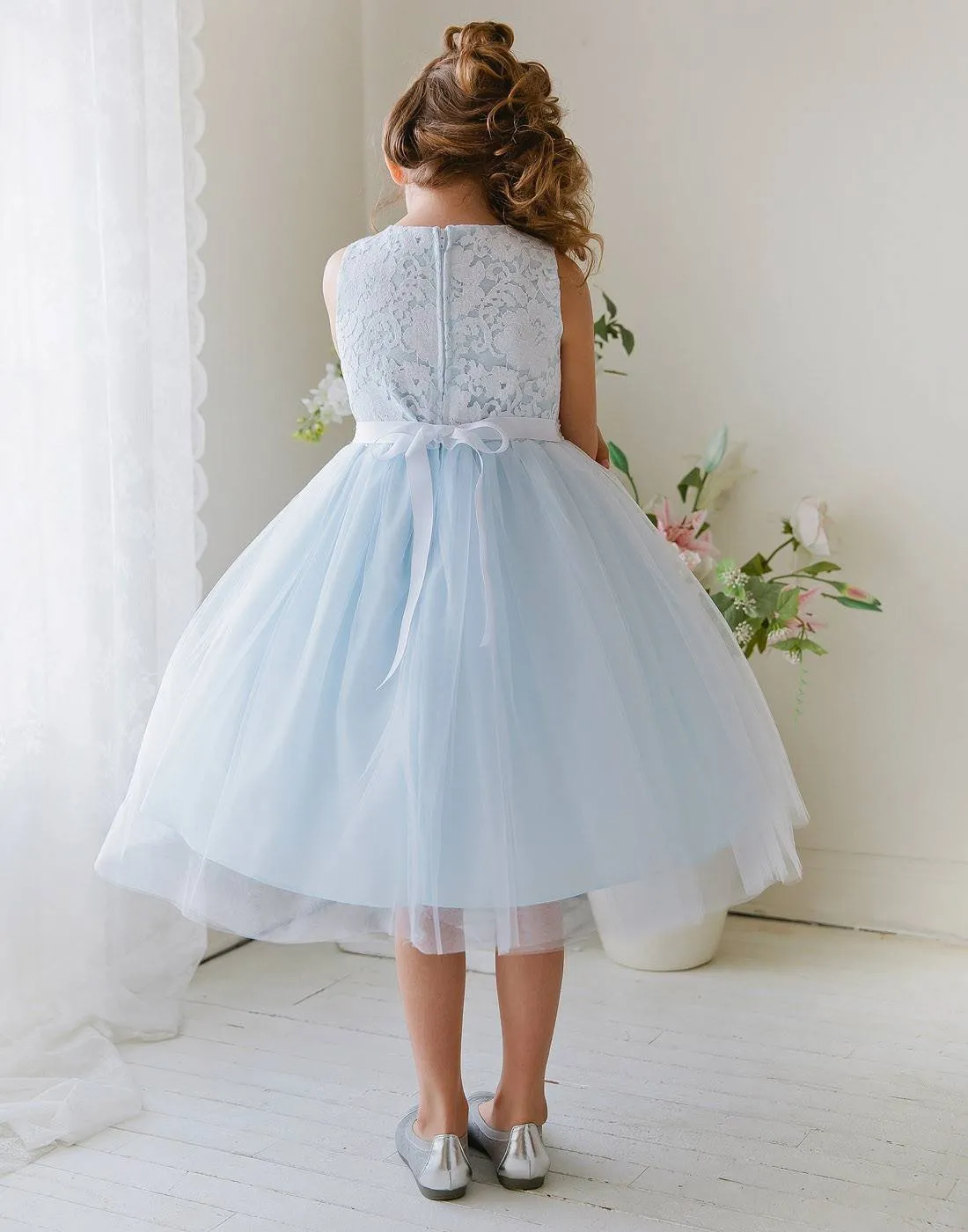 Glamorous and Lace tulle Dress with Flower Accented Belt - Light Blue