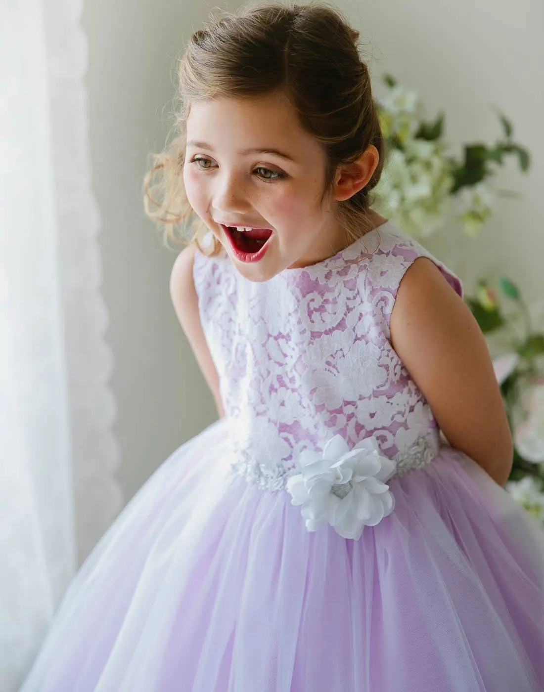 Glamorous and Lace tulle Dress with Flower Accented Belt - Light Blue