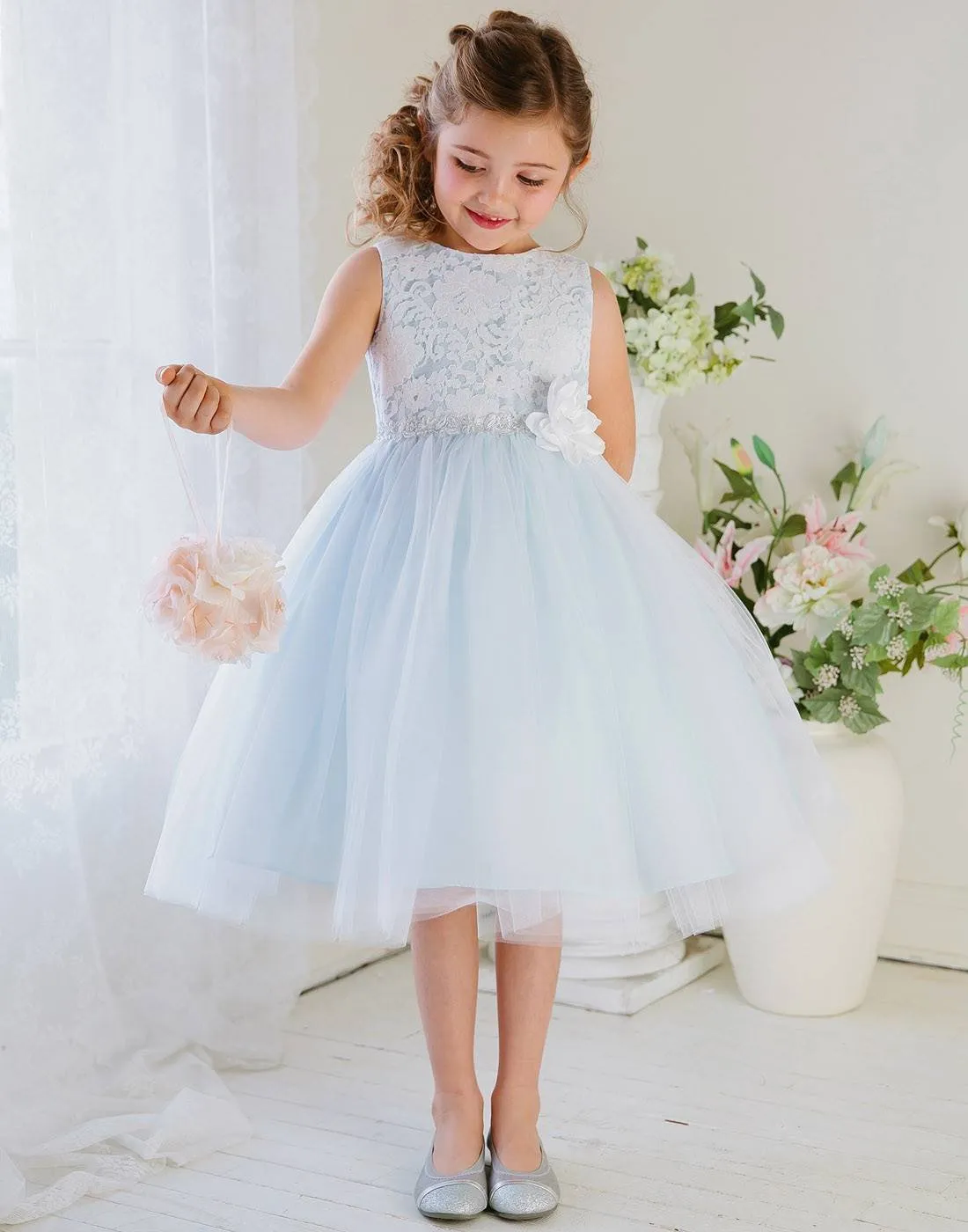 Glamorous and Lace tulle Dress with Flower Accented Belt - Light Blue