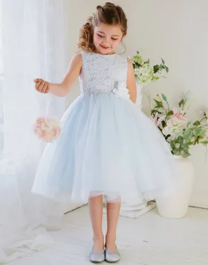 Glamorous and Lace tulle Dress with Flower Accented Belt - Light Blue