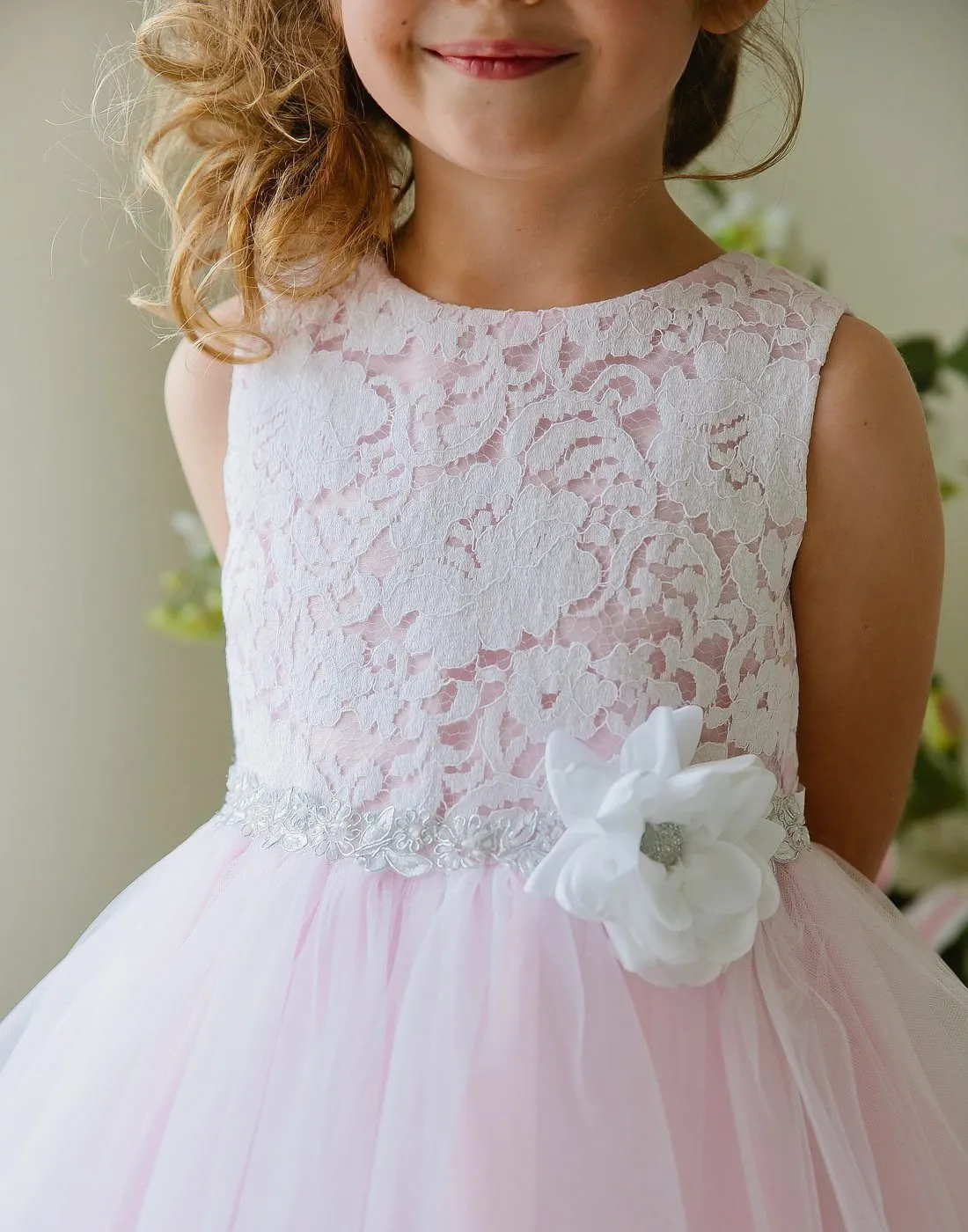 Glamorous and Lace tulle Dress with Flower Accented Belt - Light Blue