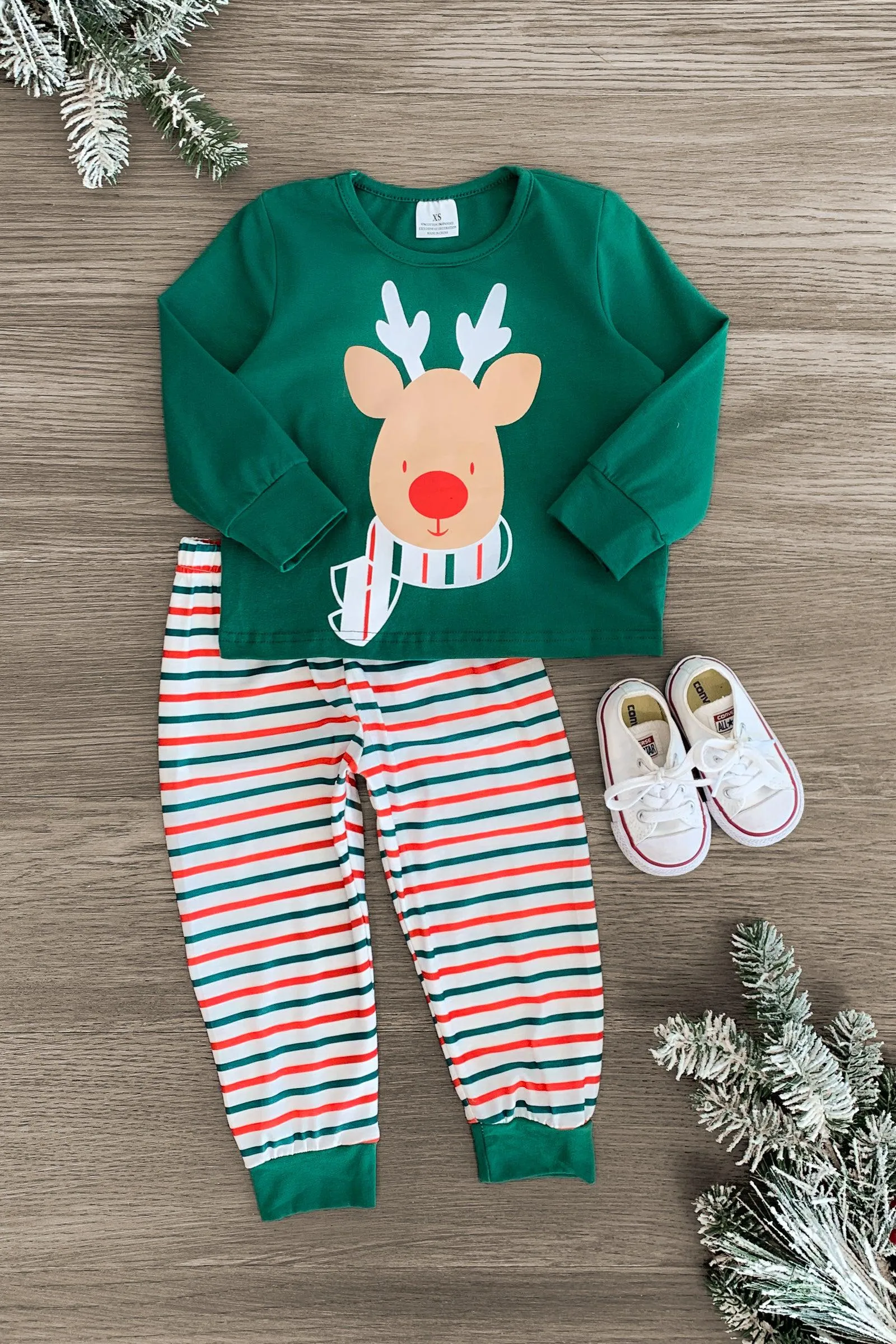 Green Striped Reindeer Pajama Set