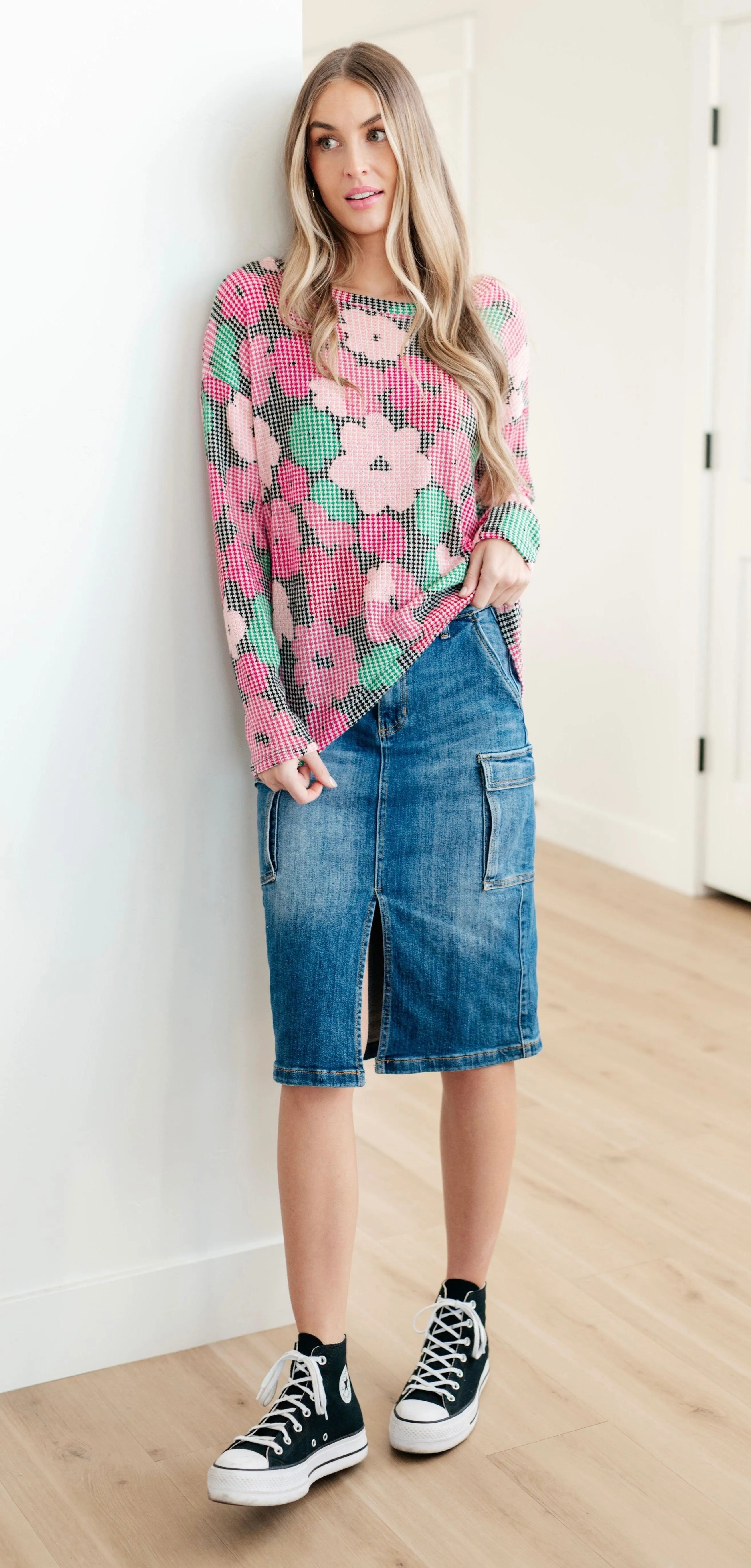 High Rise Front Slit Cargo Denim Skirt