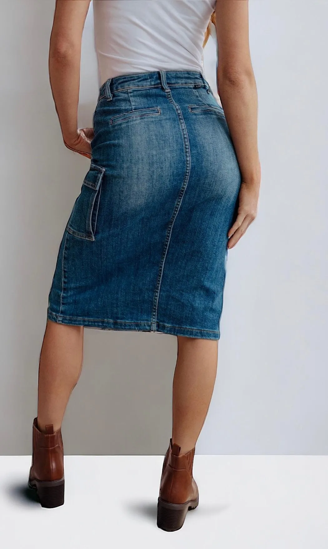 High Rise Front Slit Cargo Denim Skirt