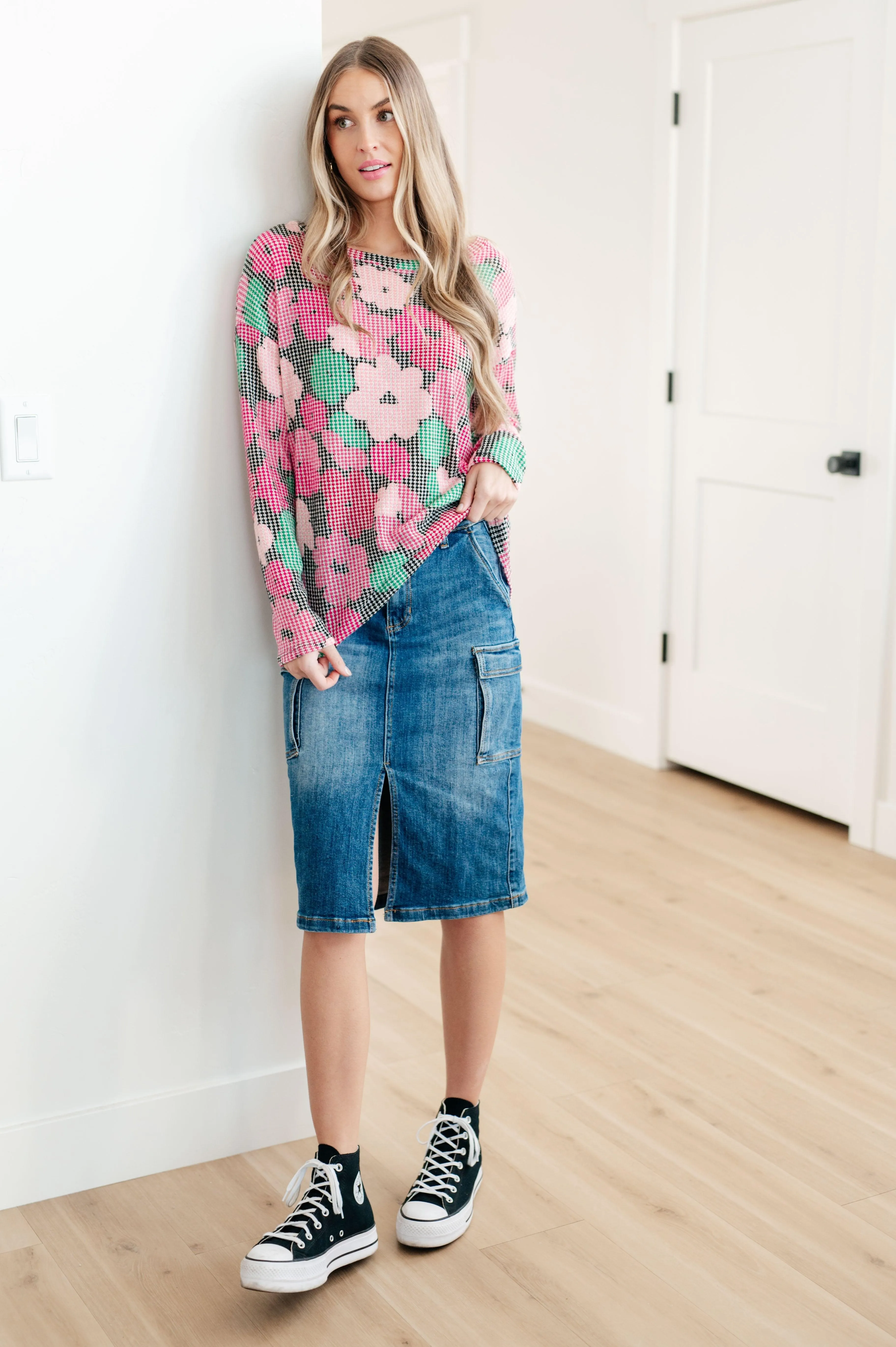 High Rise Front Slit Cargo Denim Skirt