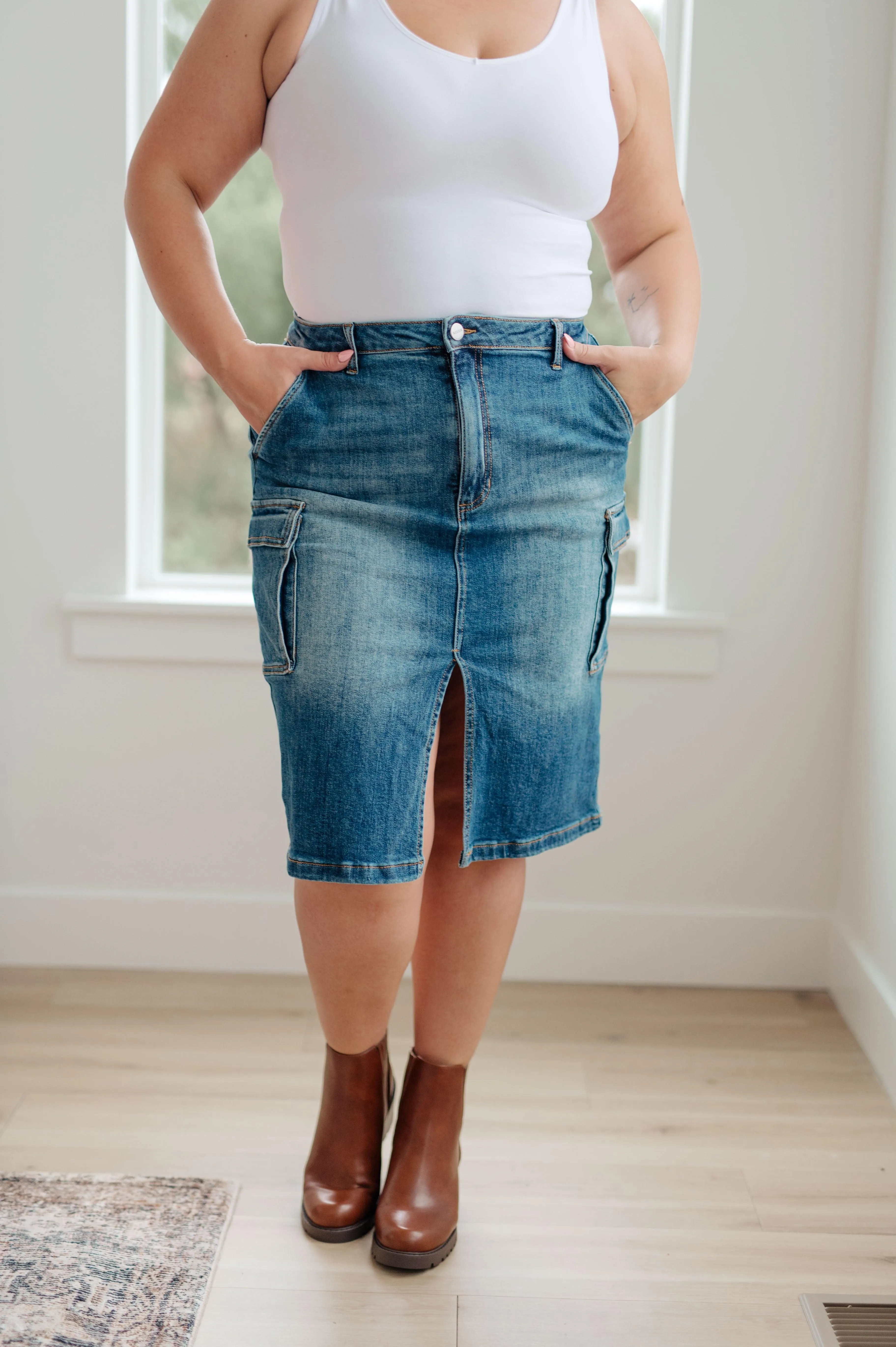 High Rise Front Slit Cargo Denim Skirt