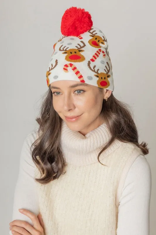 Holiday Reindeer Cancy Can Print Knit Beanie