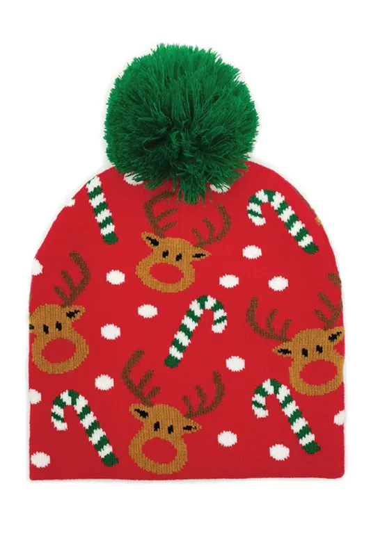 Holiday Reindeer Cancy Can Print Knit Beanie