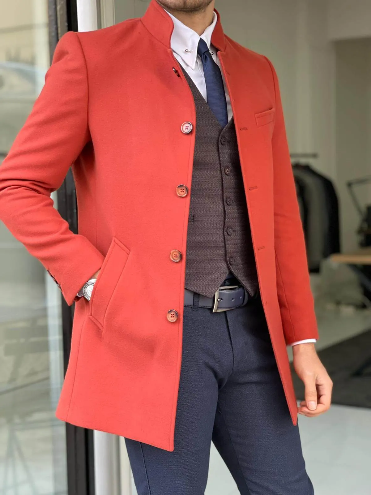 Hollo Judge Collar Tile Wool Coat