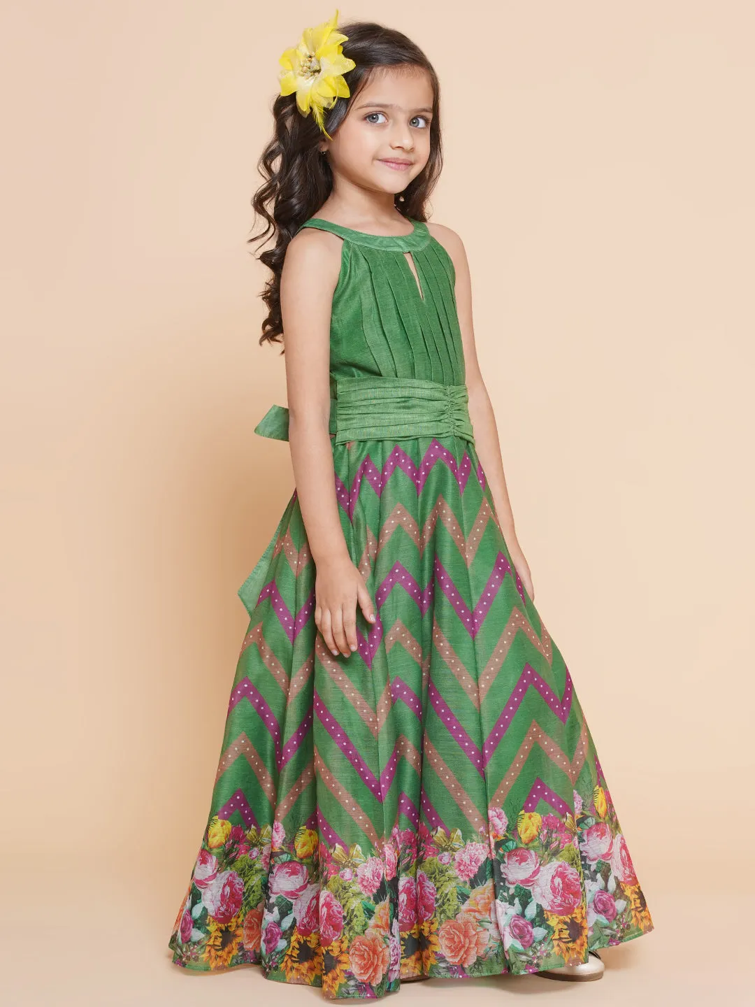 Jashvi Girls Green Zig Zag Flower Digital Printed Fit & Flared Maxi Dress.