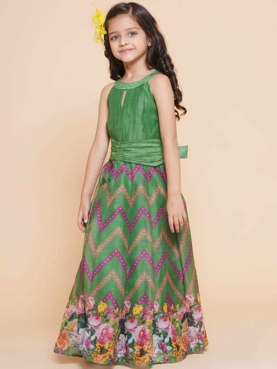 Jashvi Girls Green Zig Zag Flower Digital Printed Fit & Flared Maxi Dress.