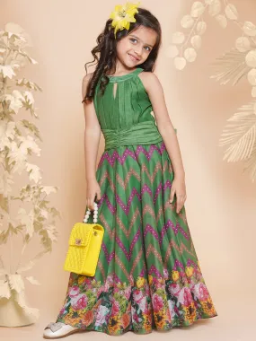 Jashvi Girls Green Zig Zag Flower Digital Printed Fit & Flared Maxi Dress.