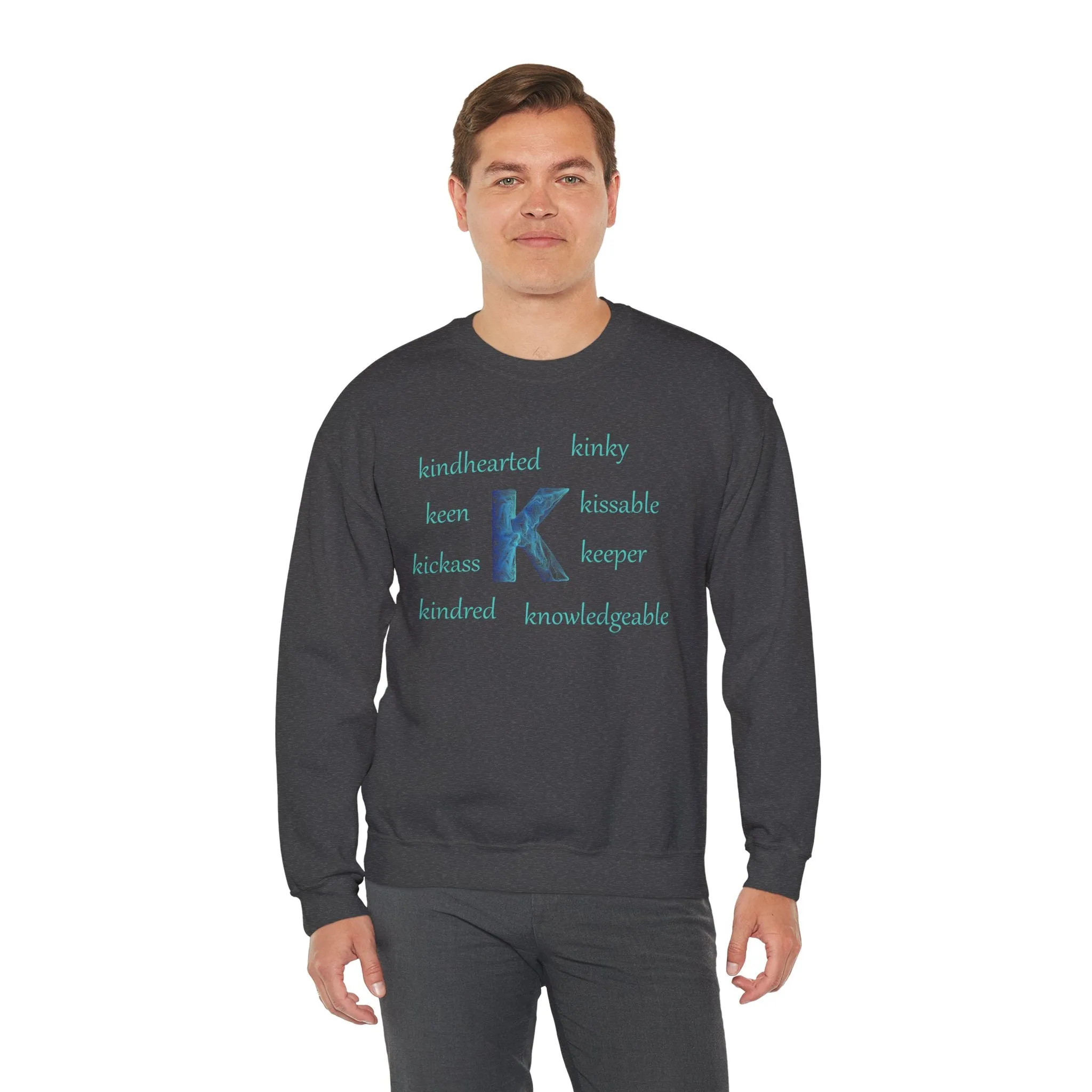 K Alphabet Sweatshirt, Alphabet Initial "K" Motivational, Mental Health, Optimistic, Unisex Heavy Blend™ , Self-affirming Sweatshirt