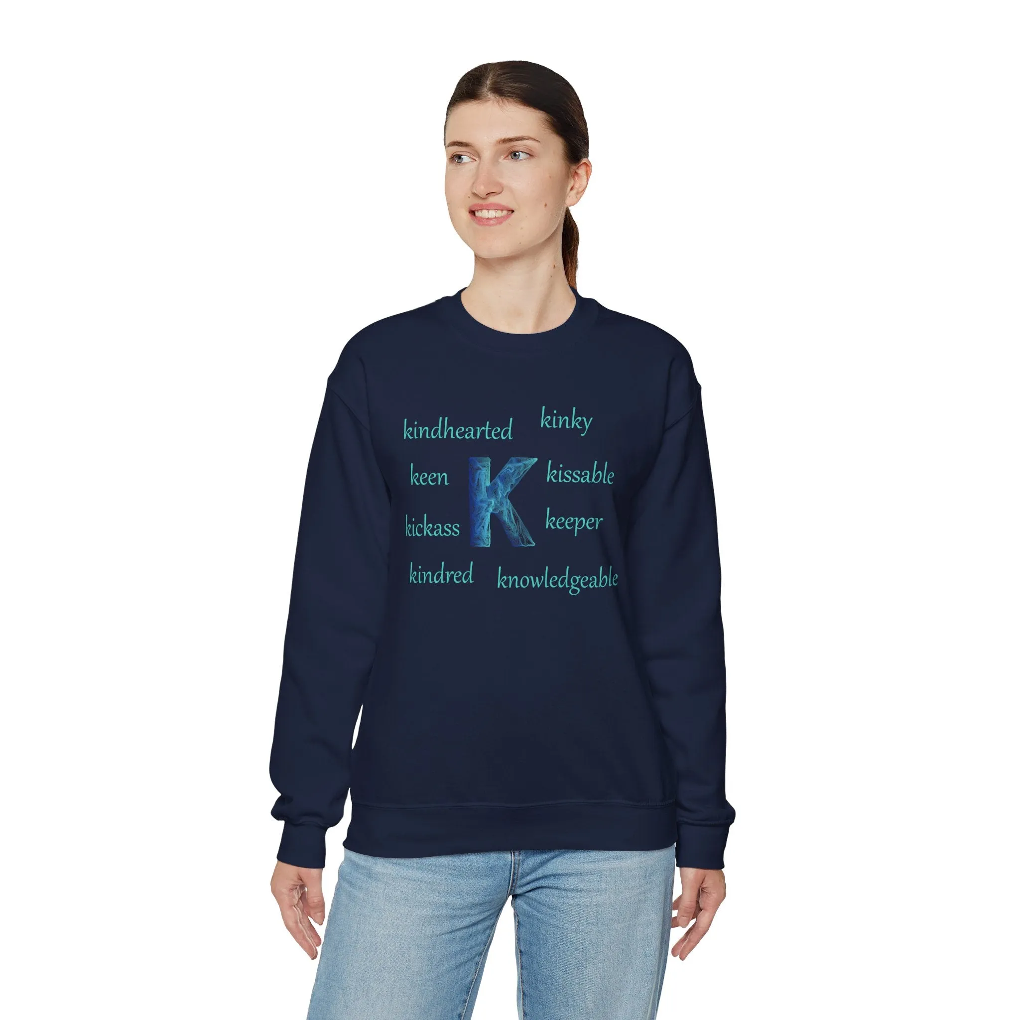 K Alphabet Sweatshirt, Alphabet Initial "K" Motivational, Mental Health, Optimistic, Unisex Heavy Blend™ , Self-affirming Sweatshirt