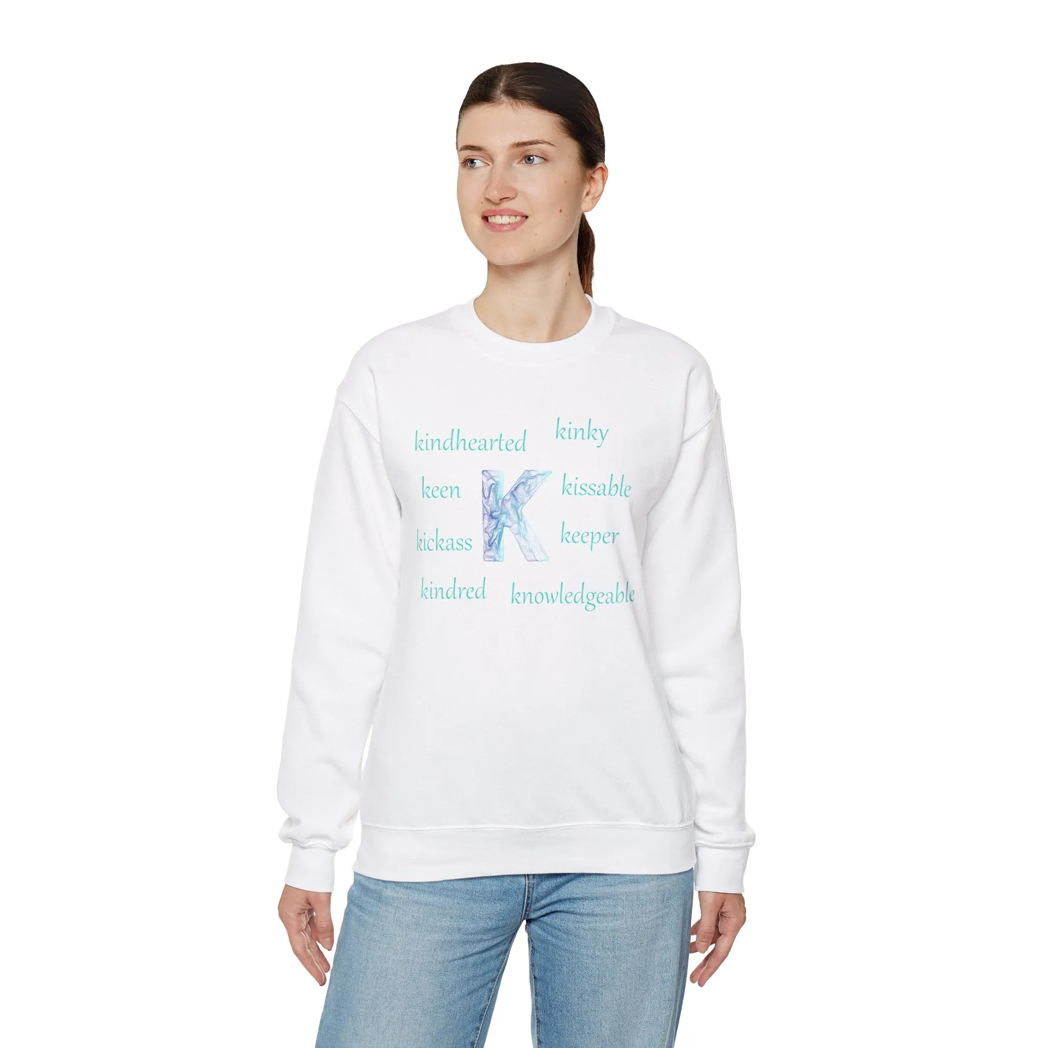 K Alphabet Sweatshirt, Alphabet Initial "K" Motivational, Mental Health, Optimistic, Unisex Heavy Blend™ , Self-affirming Sweatshirt