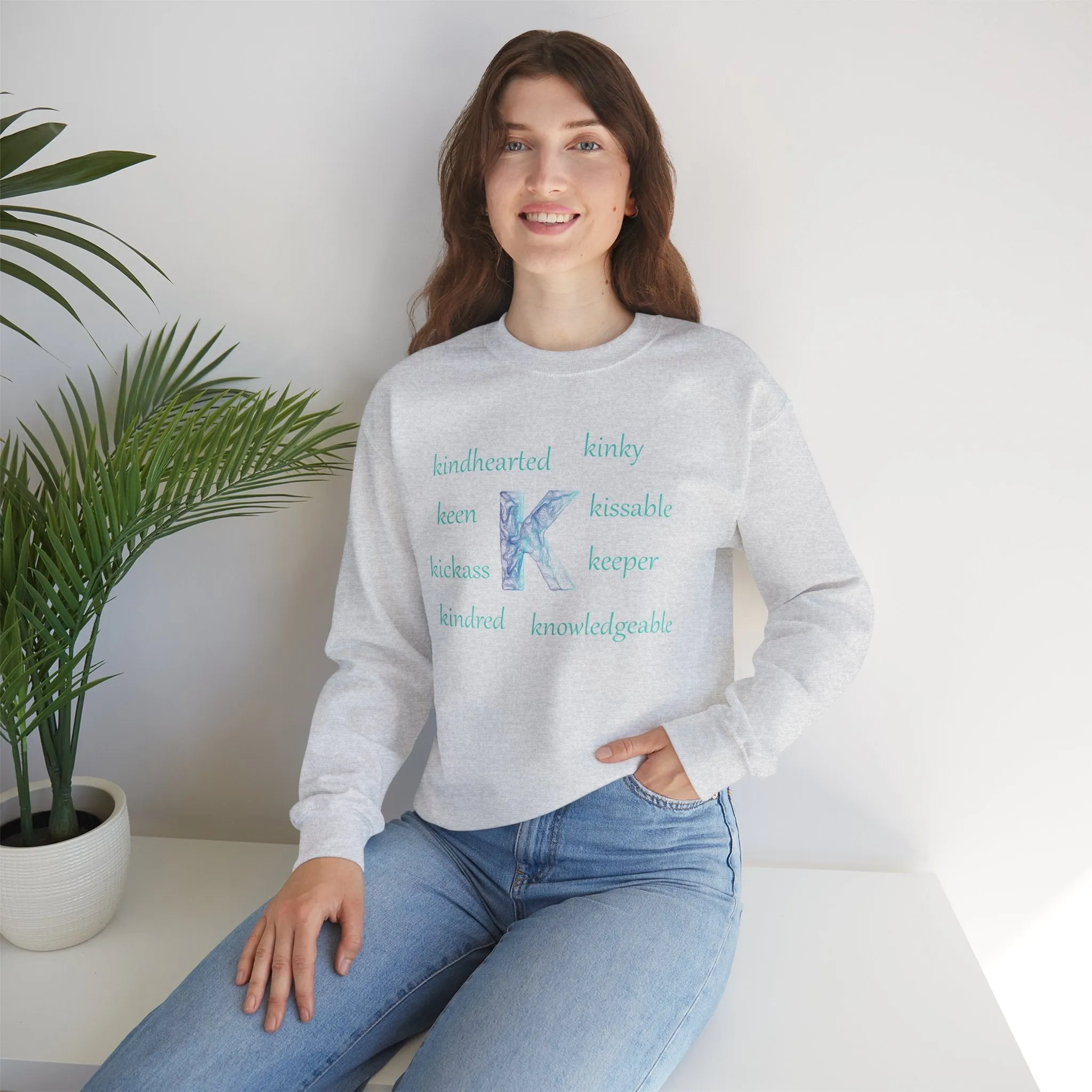 K Alphabet Sweatshirt, Alphabet Initial "K" Motivational, Mental Health, Optimistic, Unisex Heavy Blend™ , Self-affirming Sweatshirt