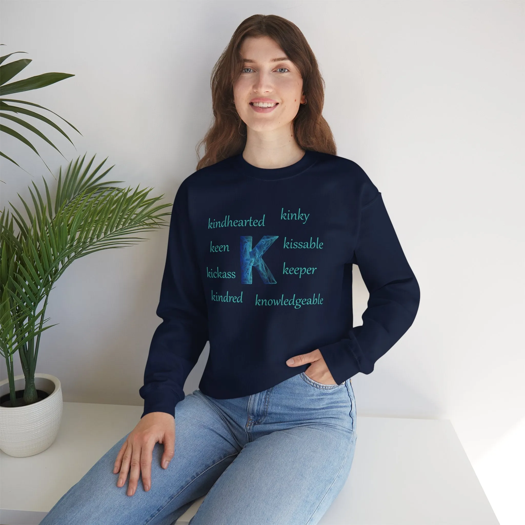 K Alphabet Sweatshirt, Alphabet Initial "K" Motivational, Mental Health, Optimistic, Unisex Heavy Blend™ , Self-affirming Sweatshirt