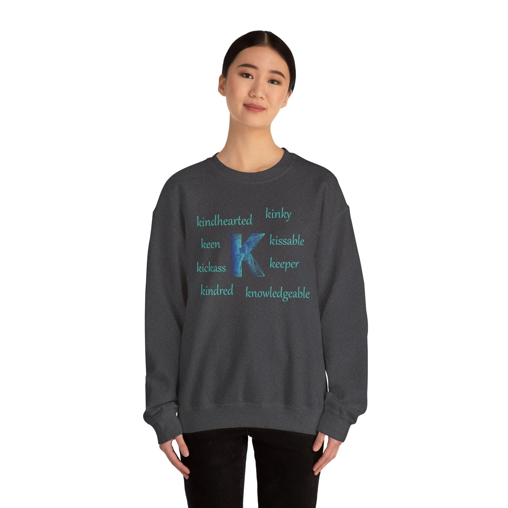 K Alphabet Sweatshirt, Alphabet Initial "K" Motivational, Mental Health, Optimistic, Unisex Heavy Blend™ , Self-affirming Sweatshirt