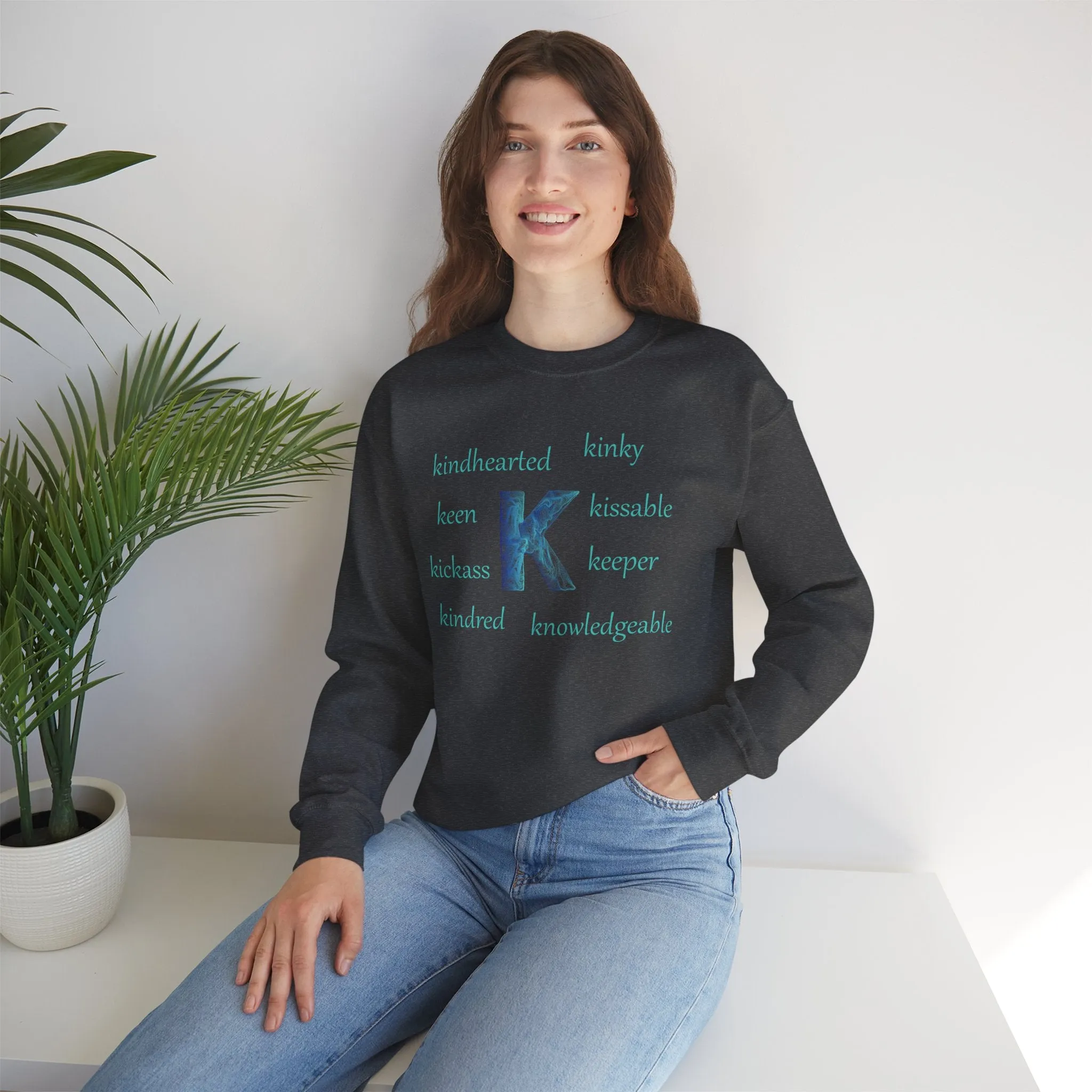 K Alphabet Sweatshirt, Alphabet Initial "K" Motivational, Mental Health, Optimistic, Unisex Heavy Blend™ , Self-affirming Sweatshirt