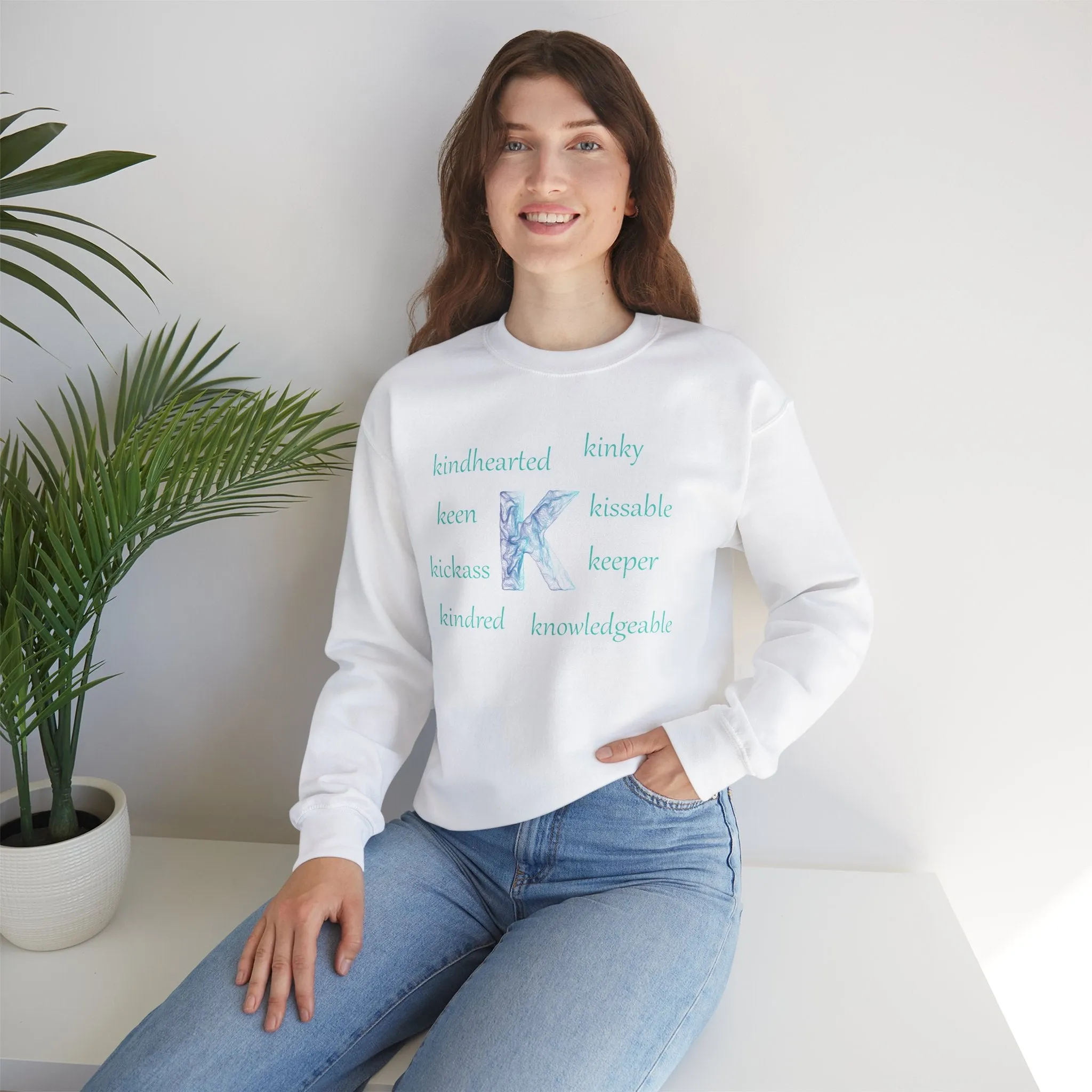 K Alphabet Sweatshirt, Alphabet Initial "K" Motivational, Mental Health, Optimistic, Unisex Heavy Blend™ , Self-affirming Sweatshirt