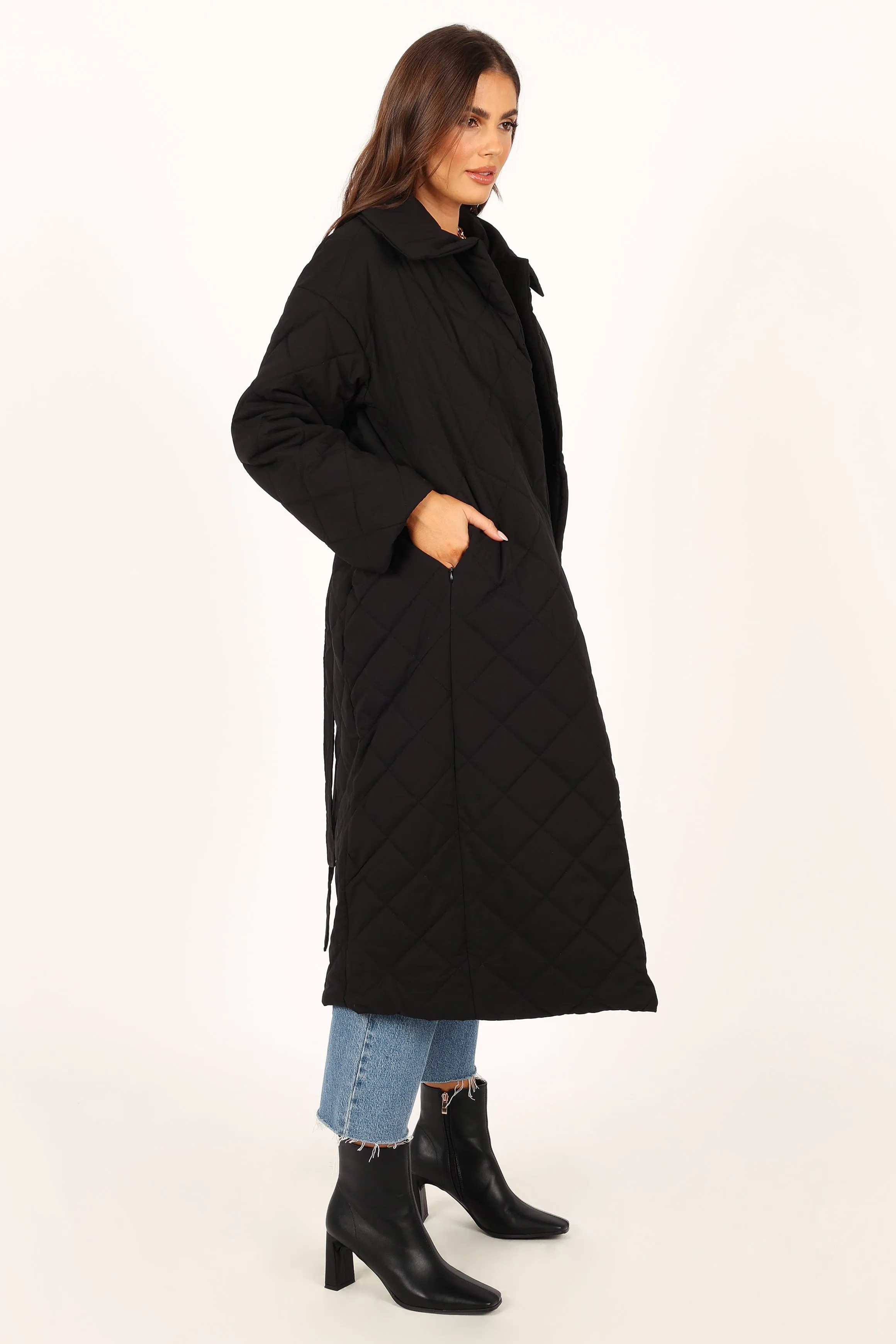 Kallie Quilted Tie Front Coat - Black