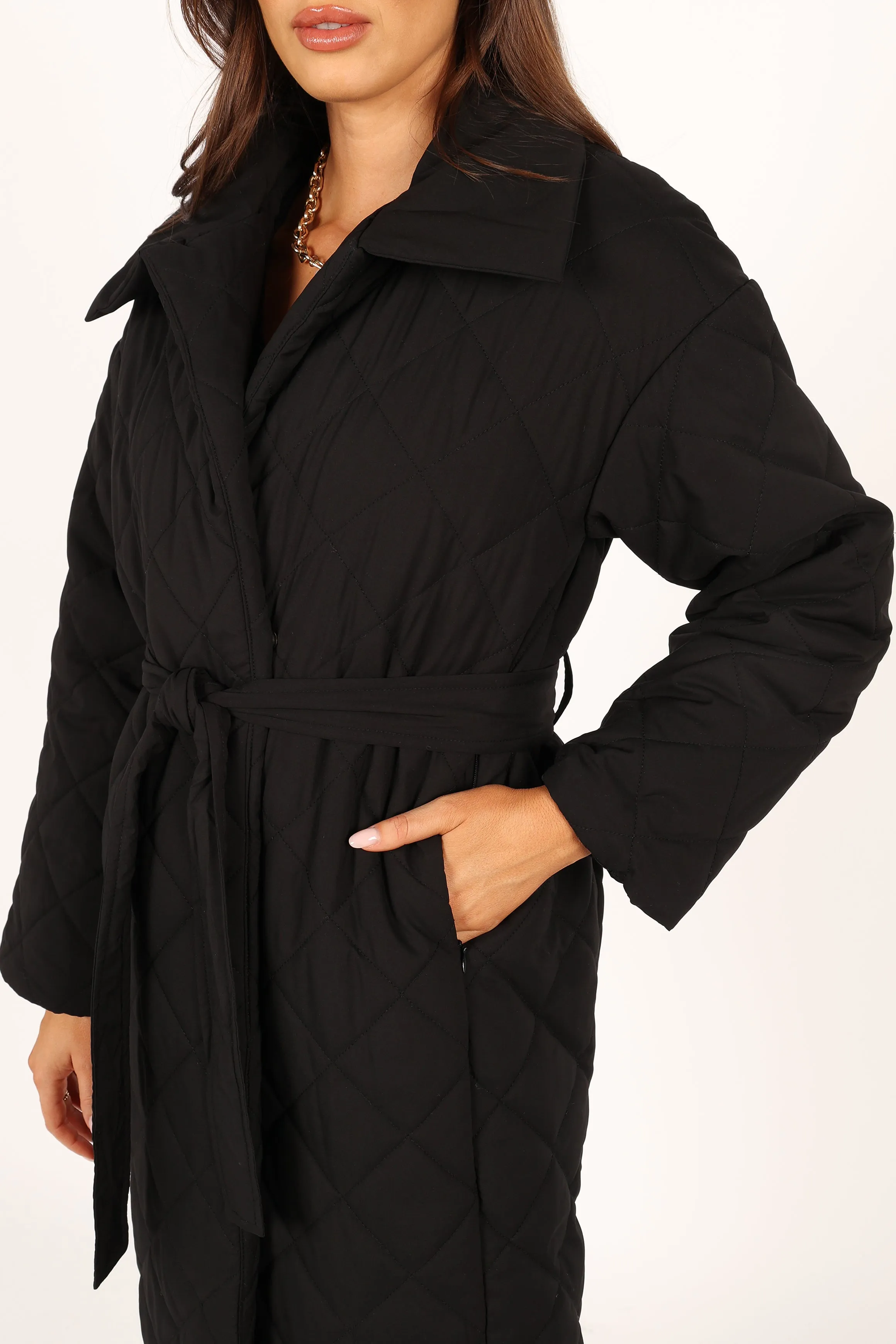 Kallie Quilted Tie Front Coat - Black