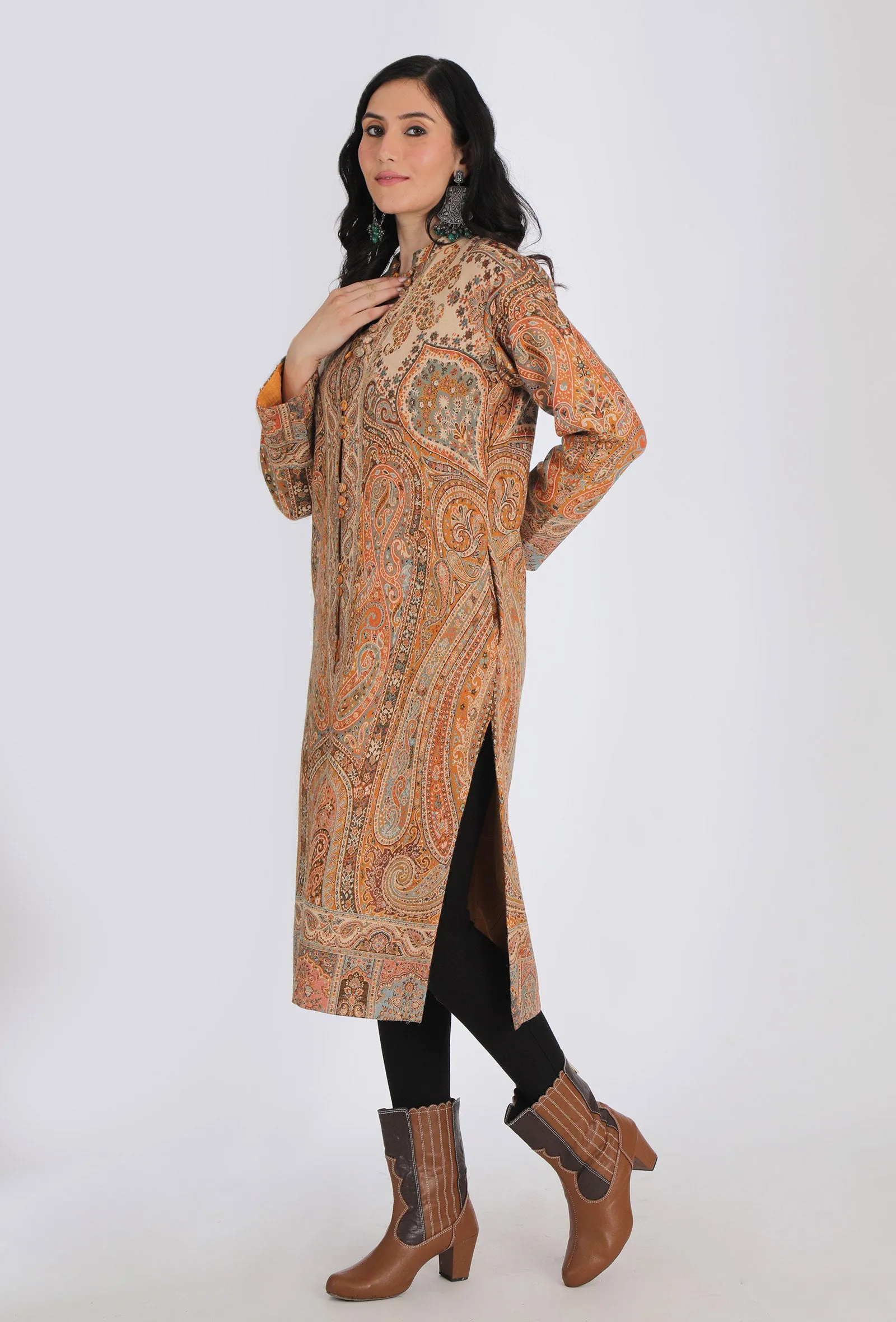 Kashifa Ecru Kani Jamavar Long Coat Outer Jacket