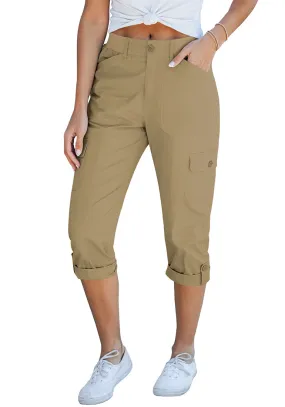 Khaki Women's High Wasited Cargo Pants Cuffed Hem Elastic Waist Capri Pants With Pockets