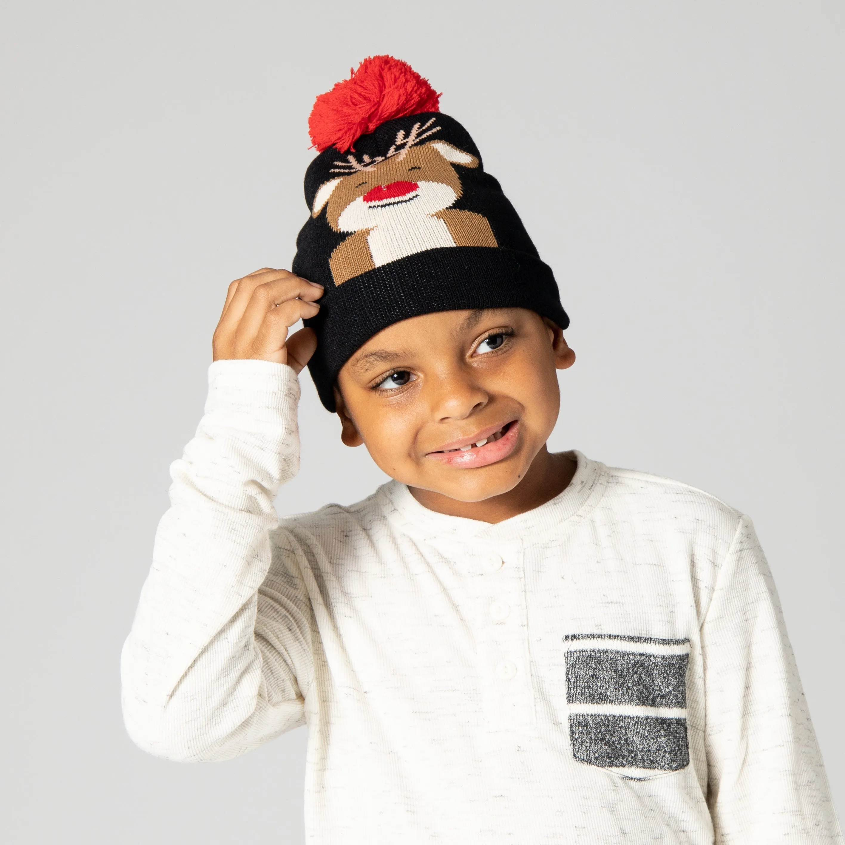 Kid's Light Up Beanie with Red Nosed Reindeer