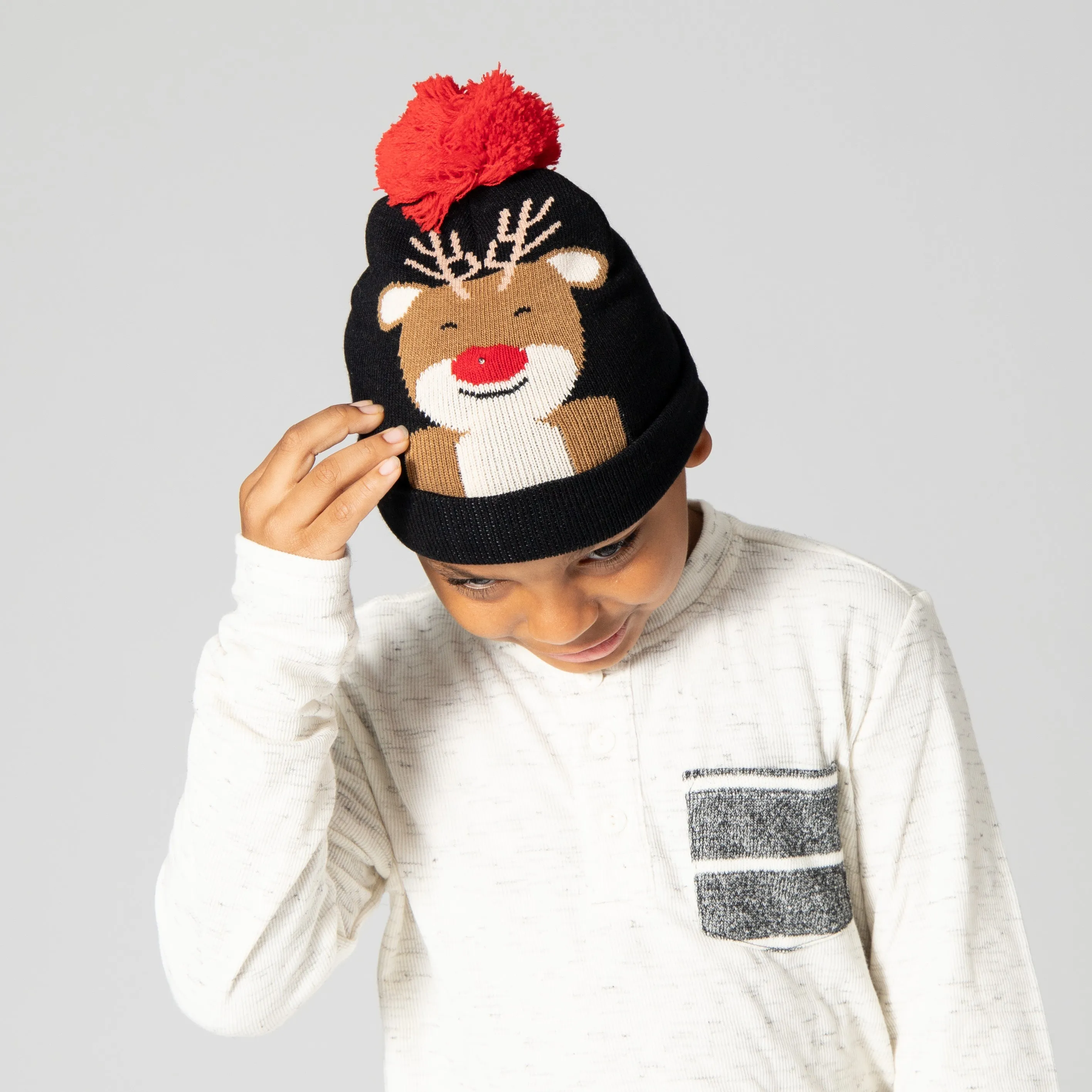 Kid's Light Up Beanie with Red Nosed Reindeer