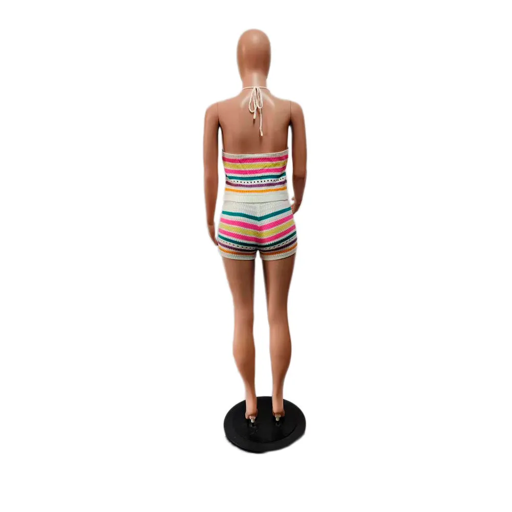 Knit Halter Top And Shorts Two Pieces Set