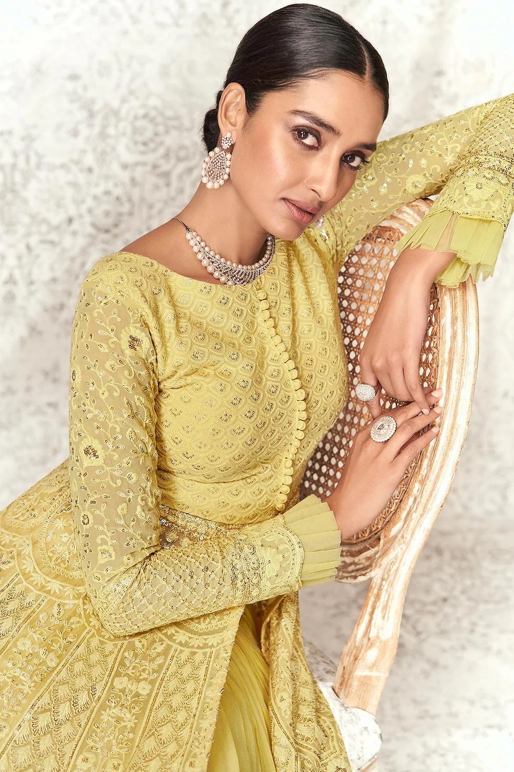 Lime Yellow Slitted Style Georgette Skirt Style Anarkali