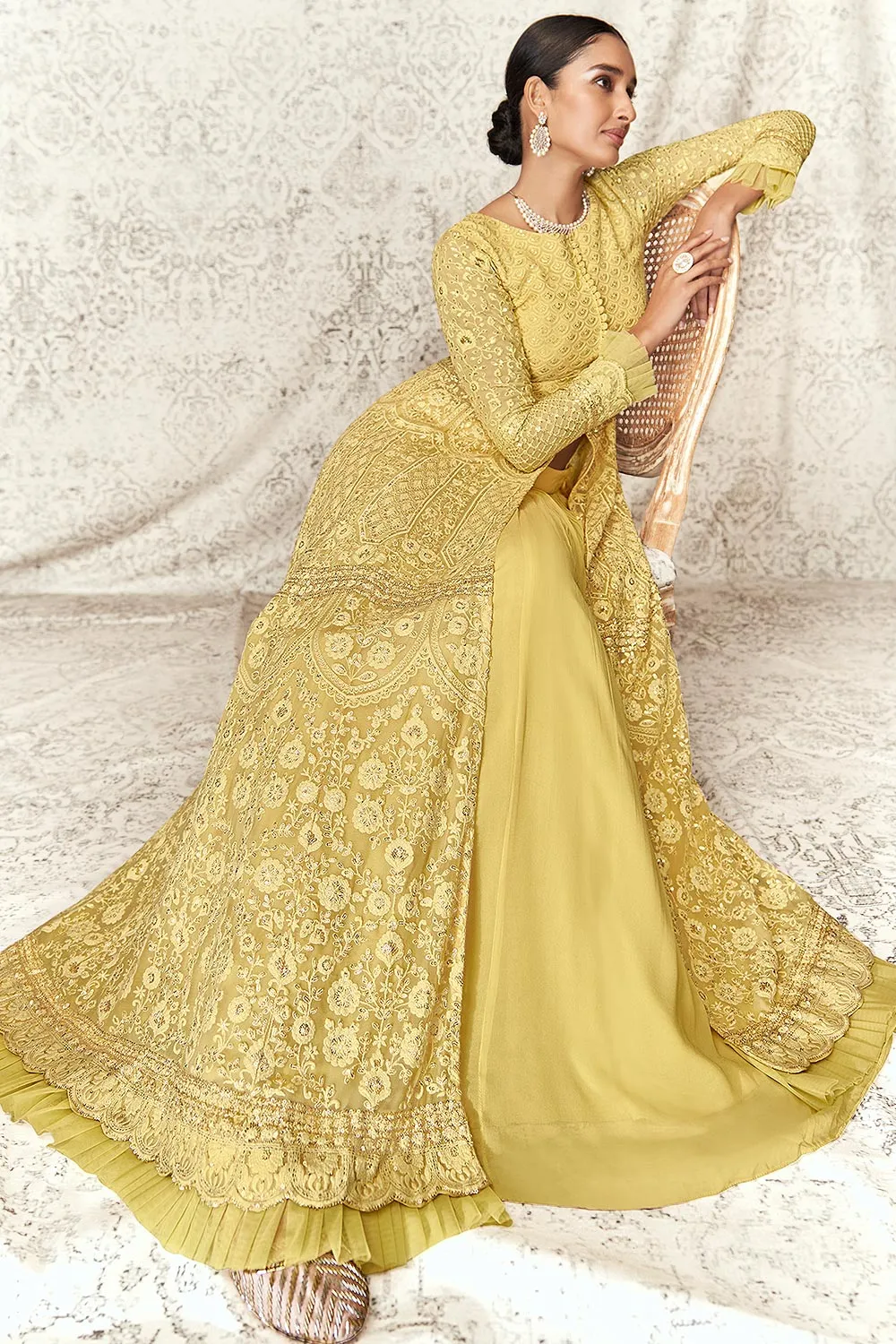 Lime Yellow Slitted Style Georgette Skirt Style Anarkali