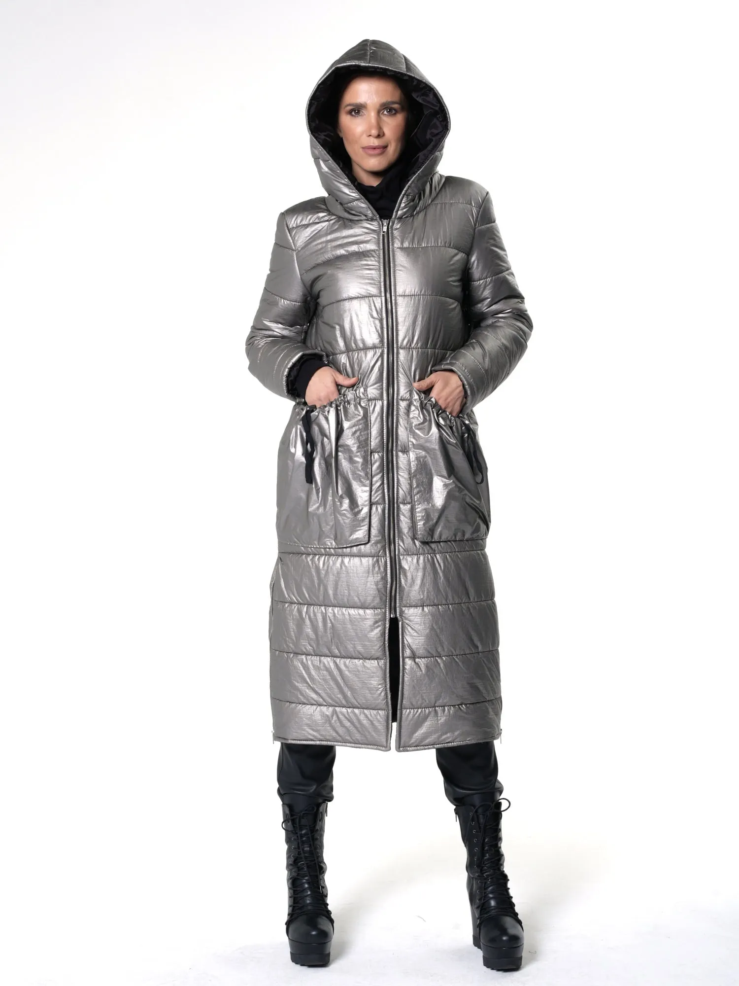 Long Silver Puffer Jacket With Oversize Pockets