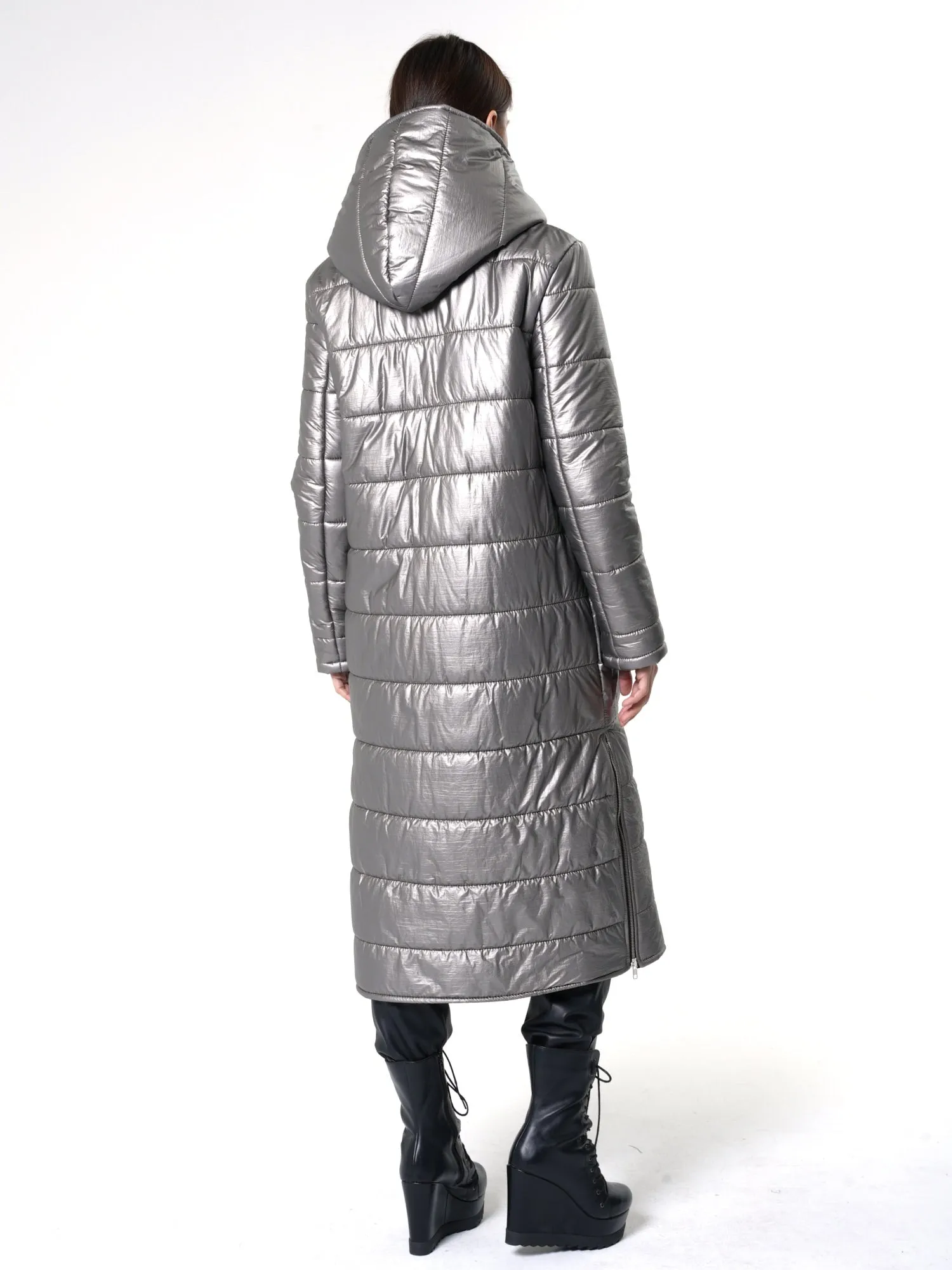 Long Silver Puffer Jacket With Oversize Pockets