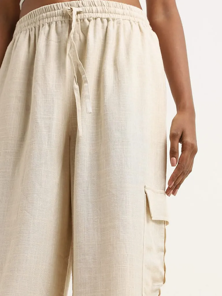 LOV Beige Cargo Blended Linen Pants