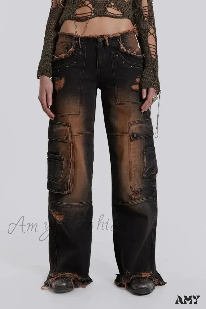 Low-rise Ripped Water Blast Multi-pocket Overalls Jeans