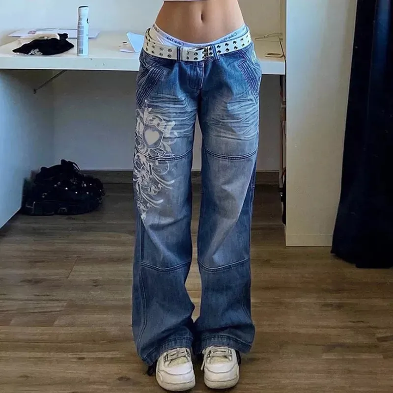 Low Waisted Cargo Denim Pants/Harajuku Grunge Women Korean Style