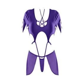 Magic Silk Dress Up Charmed Strappy High Leg Teddy with Sheer Mesh Skirt Costume Purple