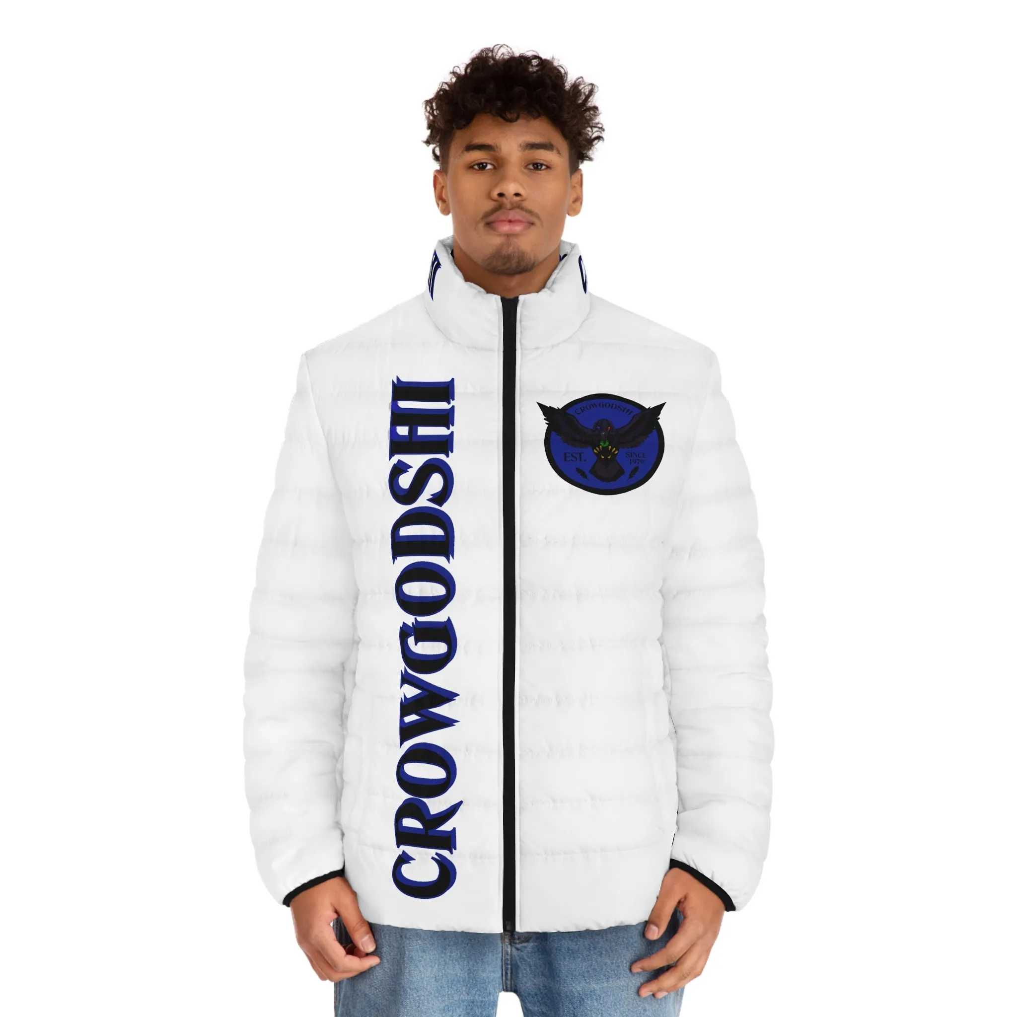 Men's CROWGODSHI 2nd GEN Puffer Jacket, WHITE W/ DUKE BLUE LOGO