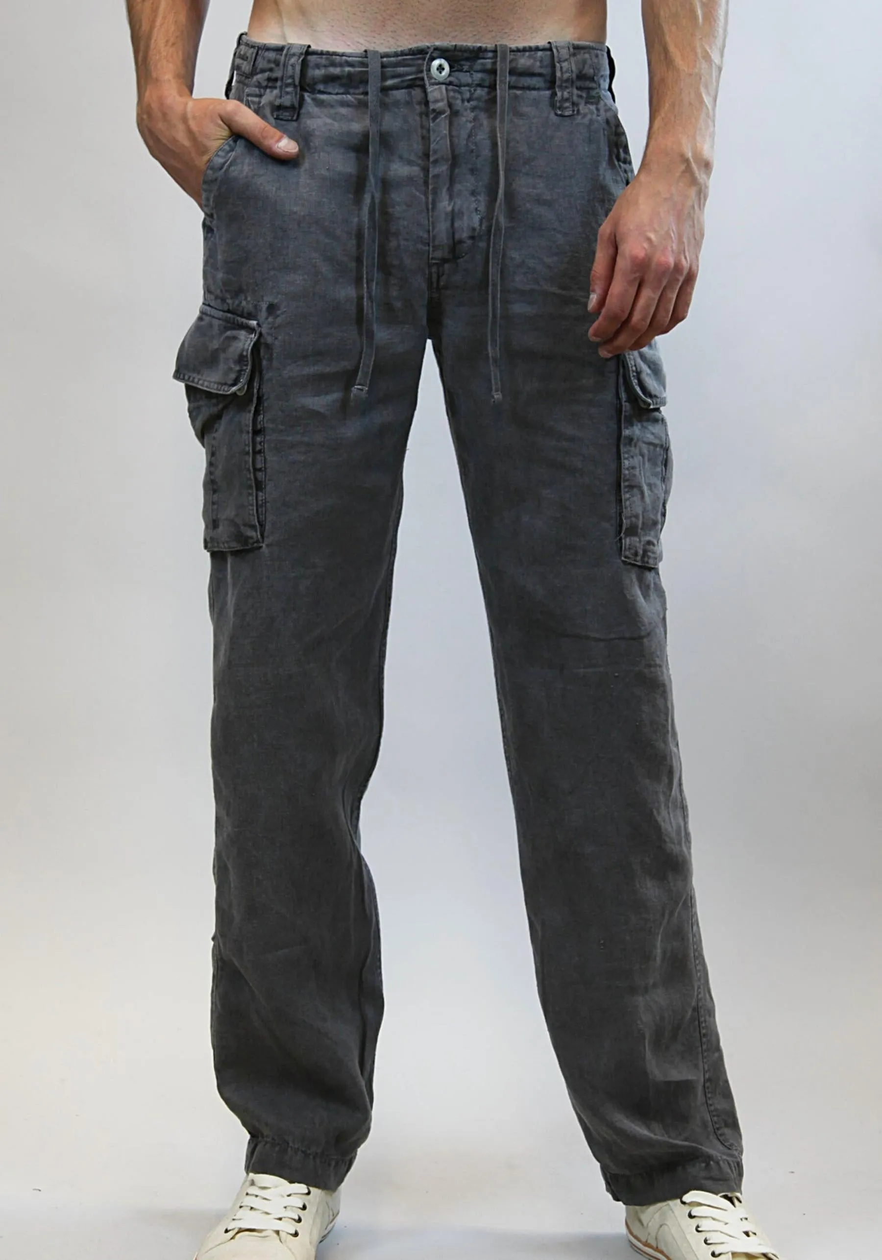 Men's Linen Cargo Pants | 100% Natural Italian Style with Drawstring, Item #1203