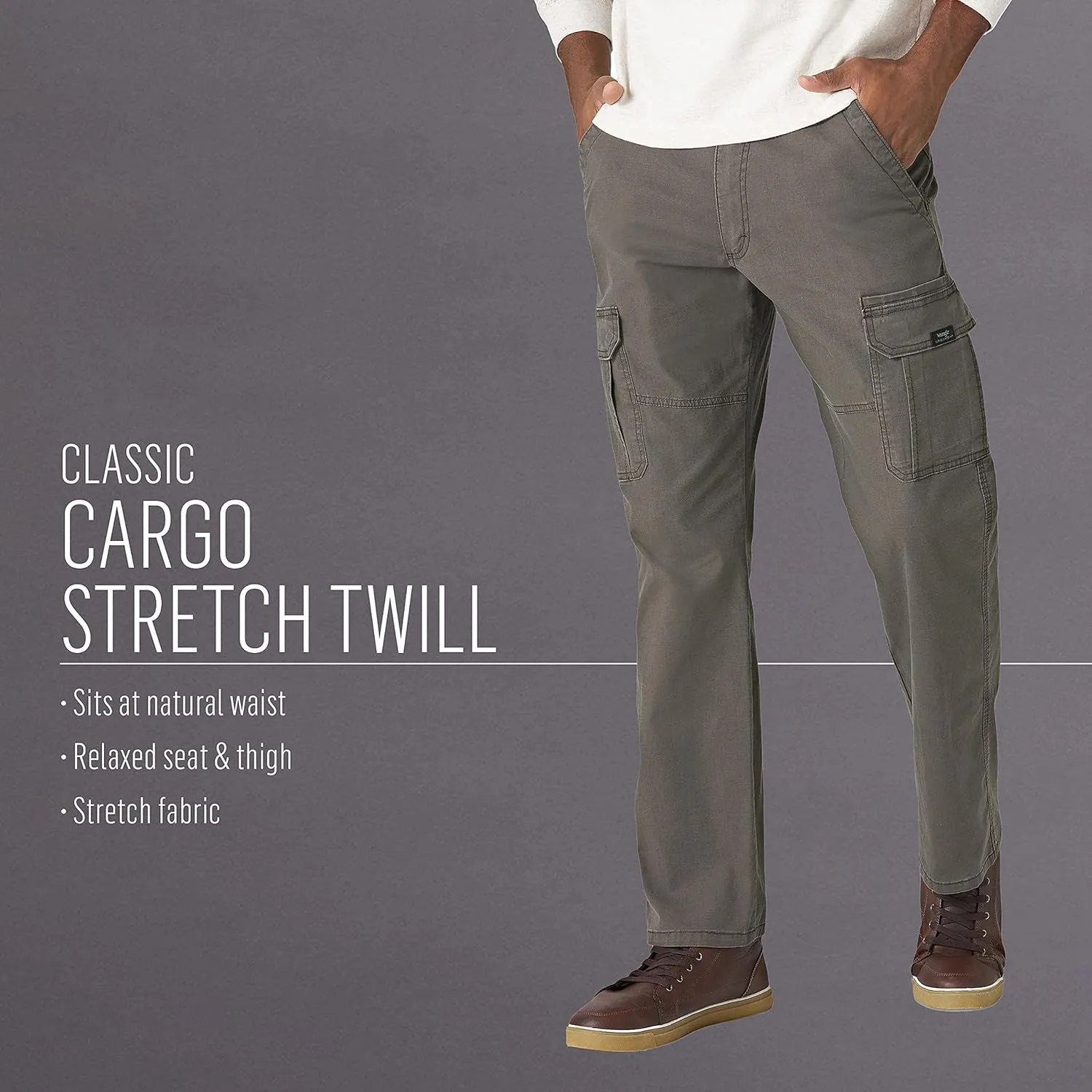 Men's Olive Relaxed Fit Stretch Cargo Pants 34W x 30L by Wrangler Authentics