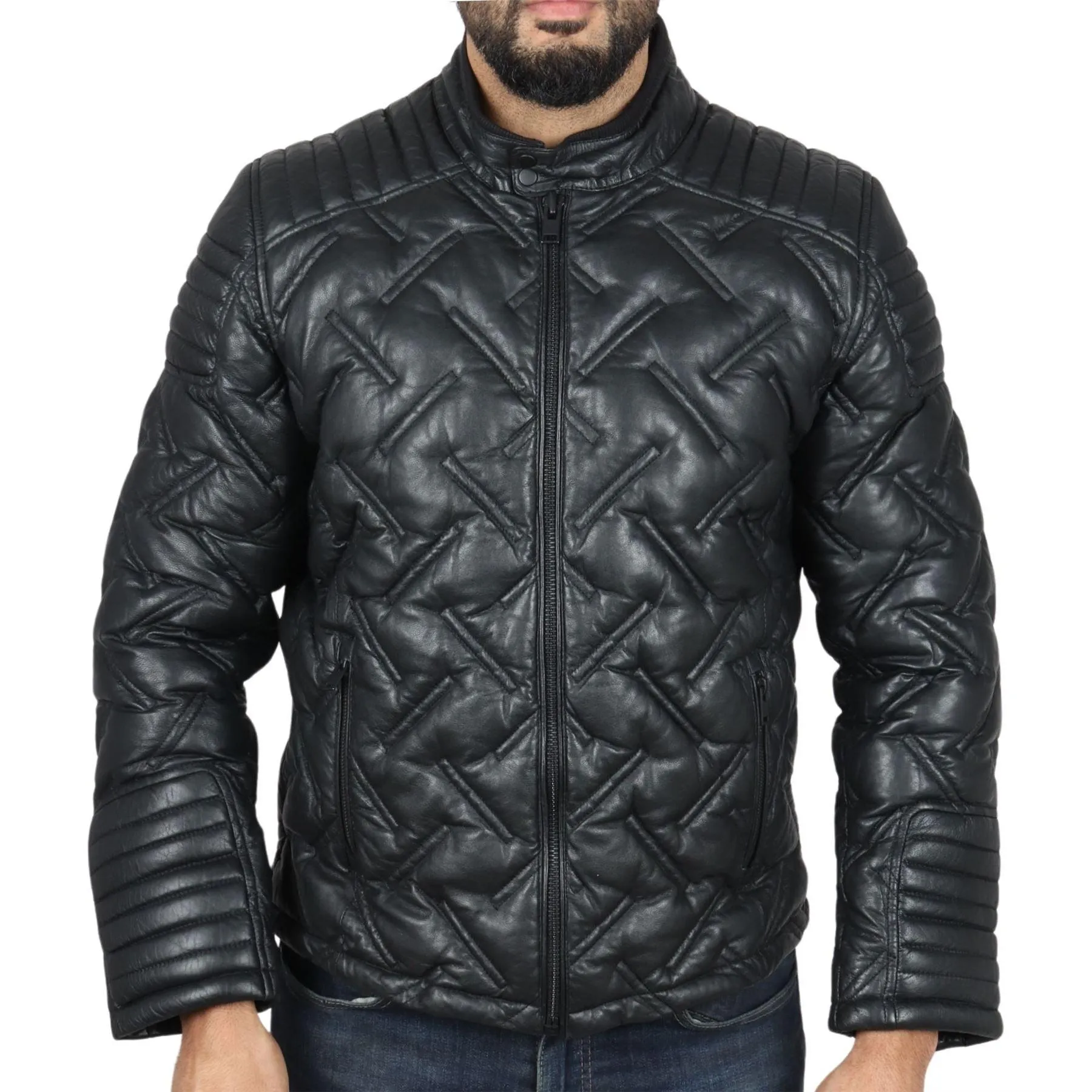 Men's Quilted Puffer Padded Biker Motorcycle Style Real Leather Jacket