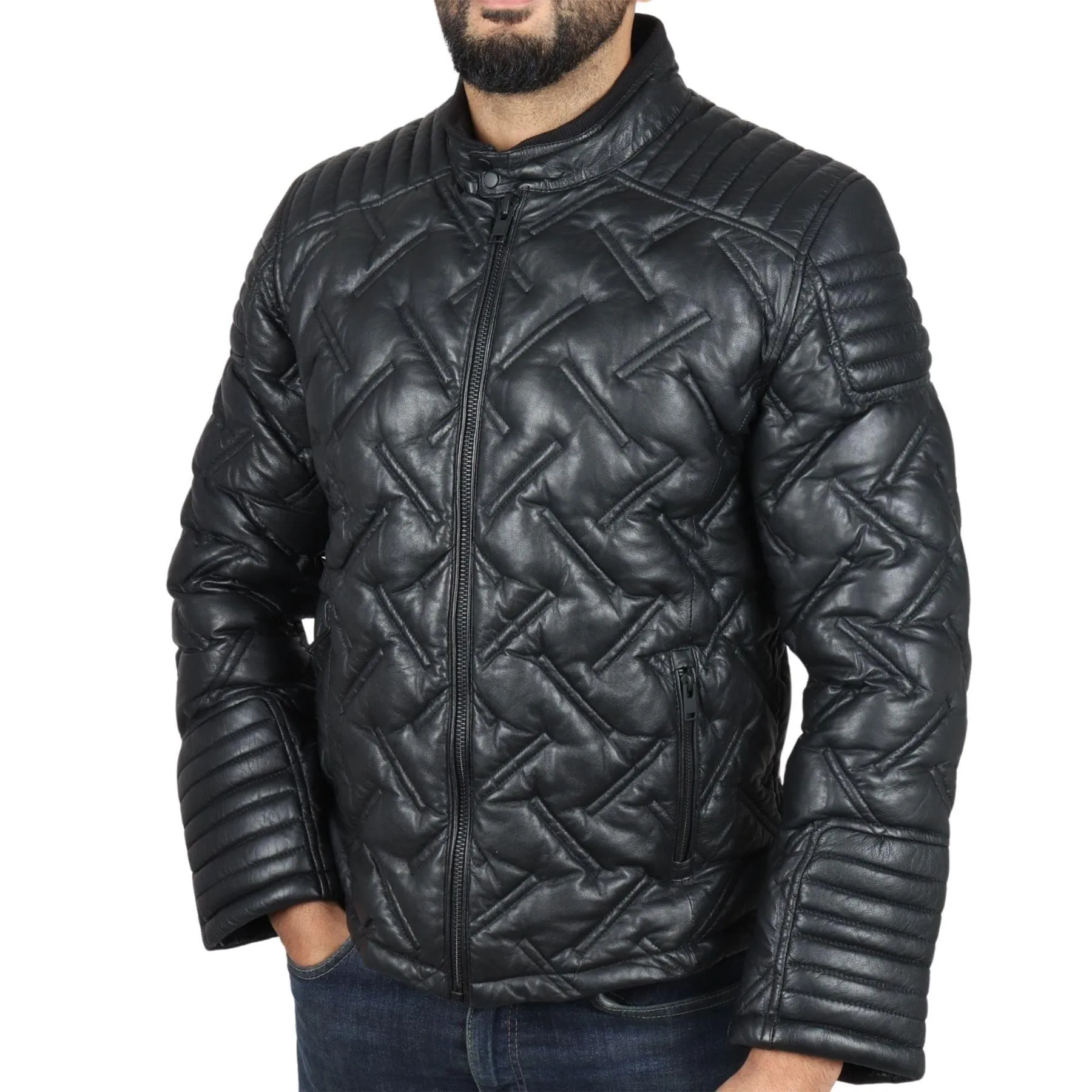 Men's Quilted Puffer Padded Biker Motorcycle Style Real Leather Jacket